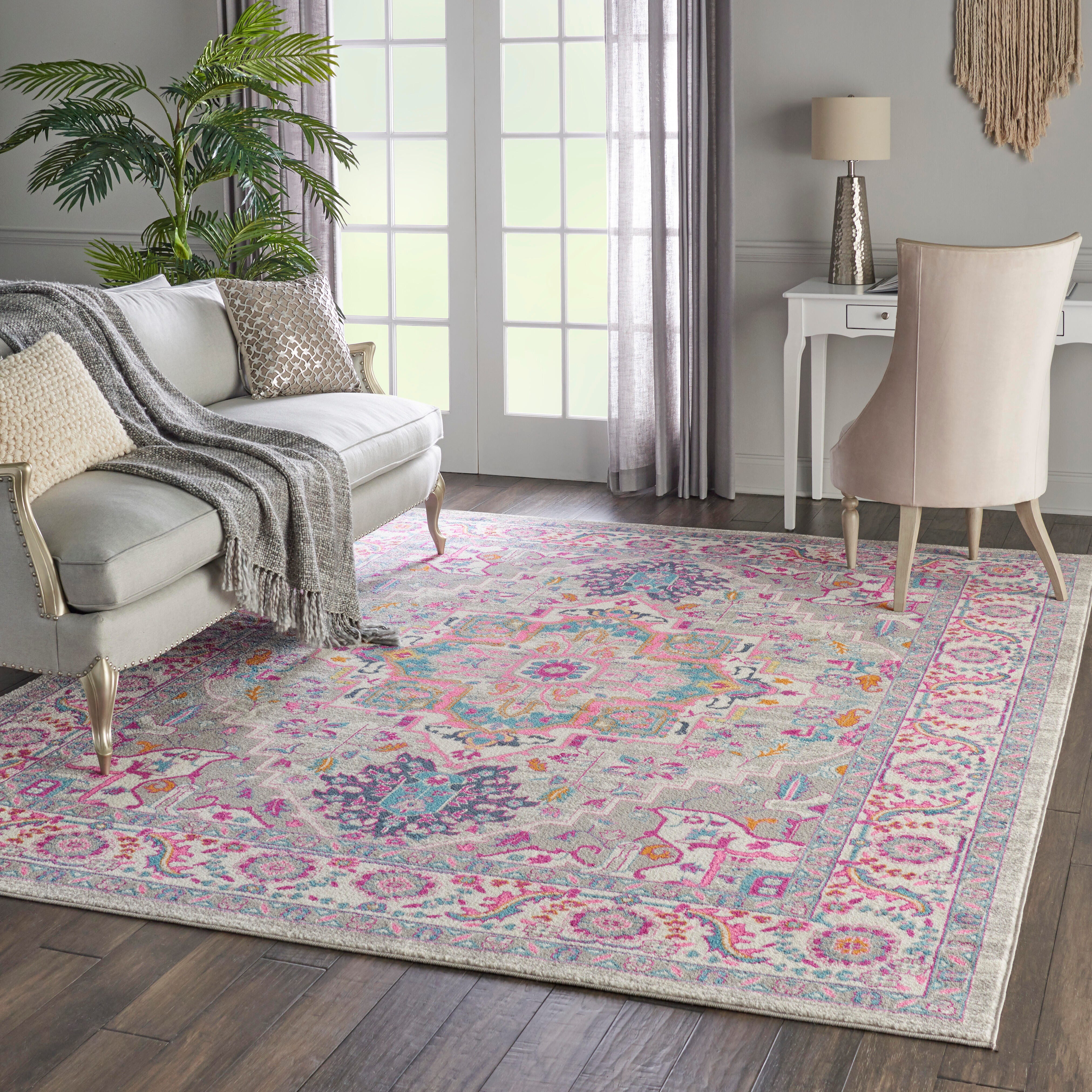 Nourison Nourison Passion 6'7" x 9'6" Light Grey/Pink Bohemian Indoor Rug, Light Gray/Pink, large