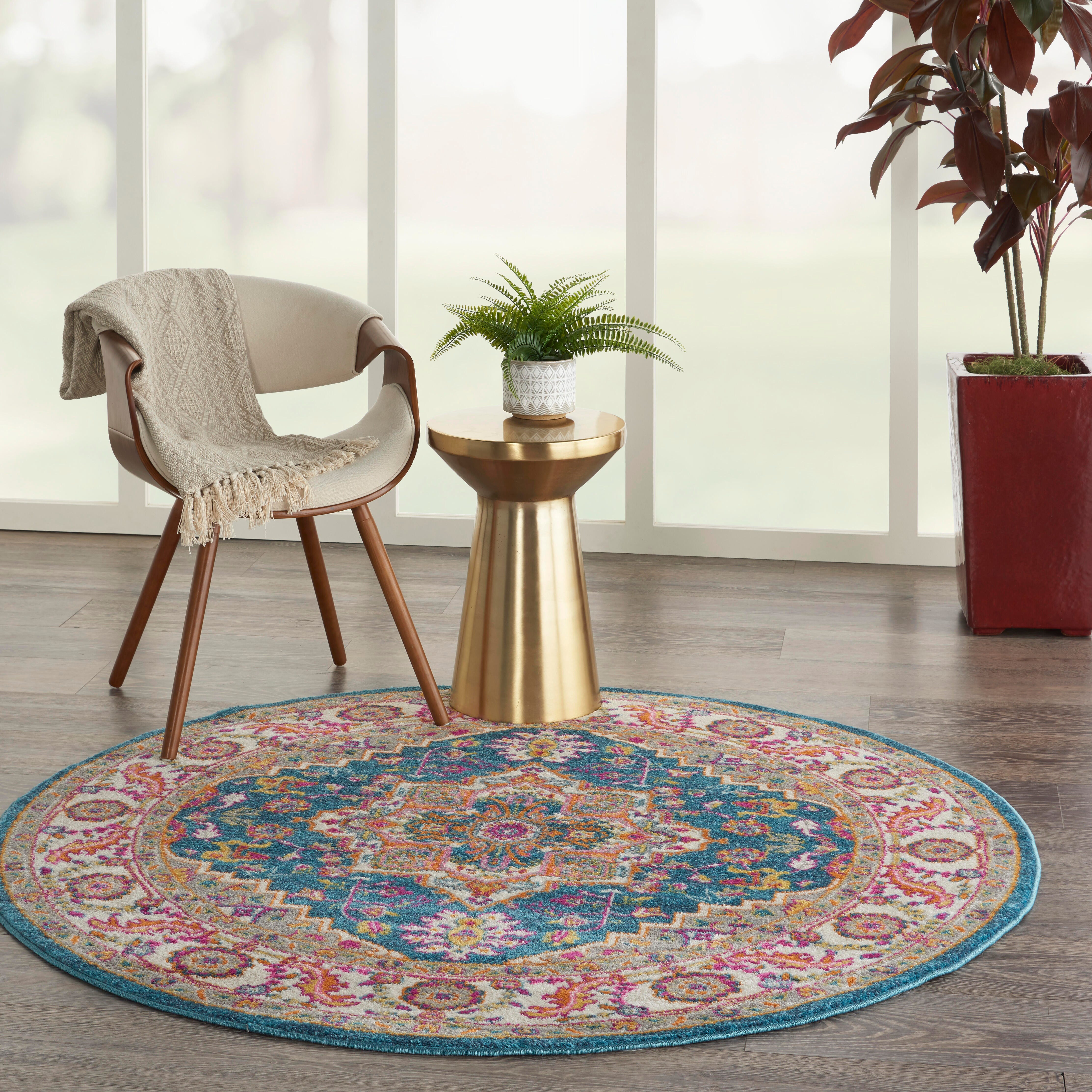 Nourison Nourison Passion 5'3" x ROUND Teal Multicolor Bohemian Indoor Rug, Teal/Multi, rollover