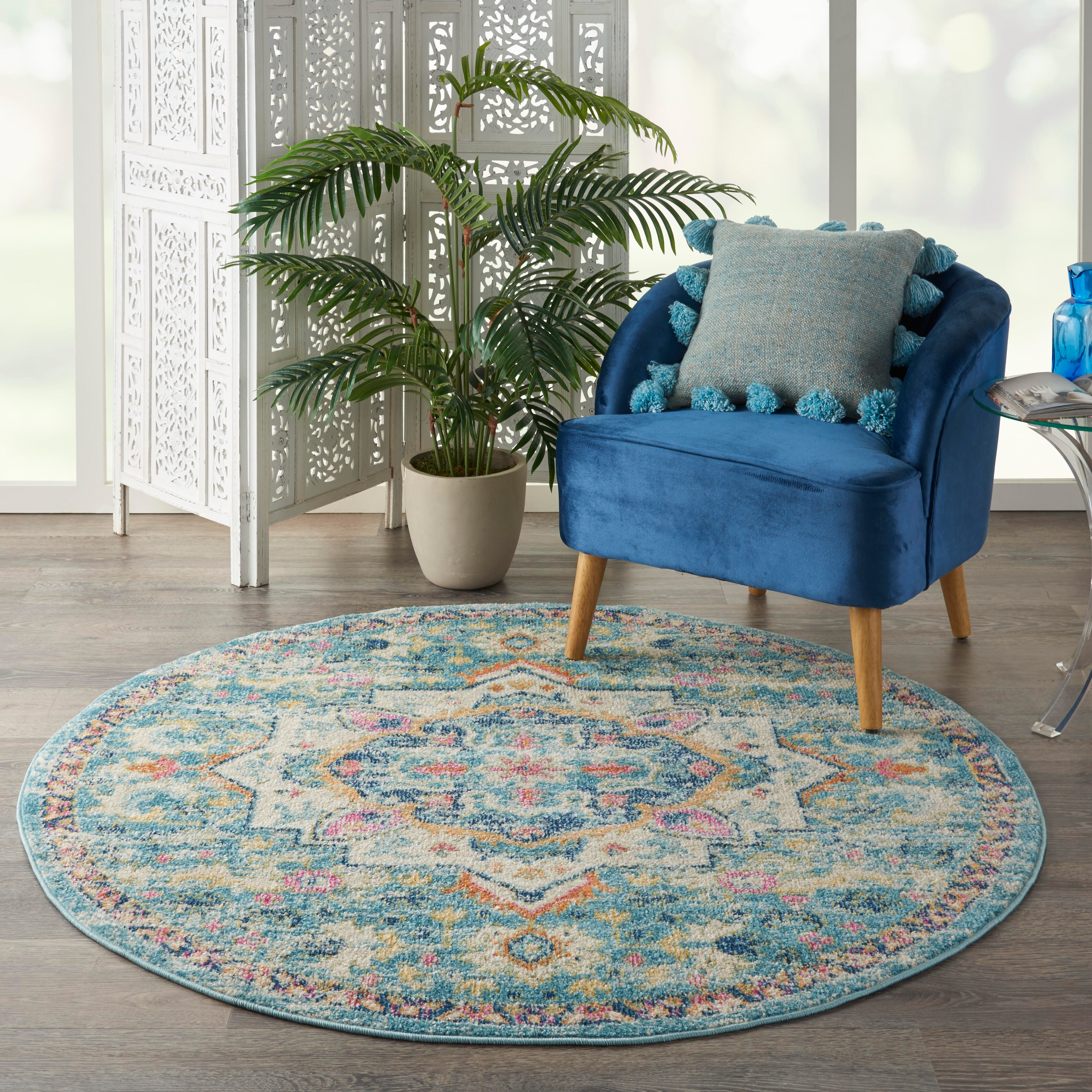 Nourison Home Nourison Passion 5'3" x ROUND Ivory/Light Blue Bohemian Indoor Rug, Ivory/Light Blue, rollover