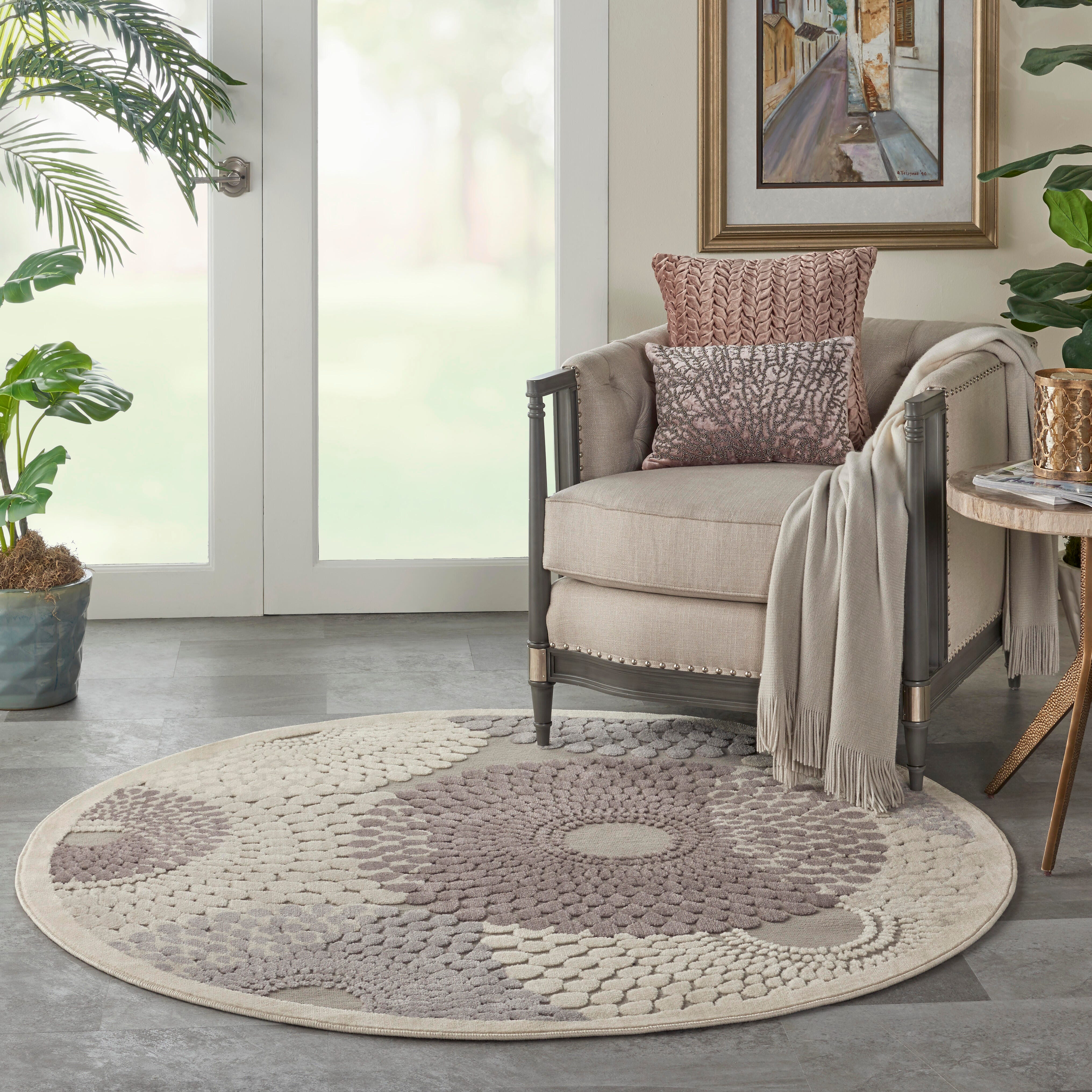 Nourison Home Nourison Graphic Illusions 5'3" x ROUND Grey Mid-Century Modern Indoor Rug, Gray, rollover
