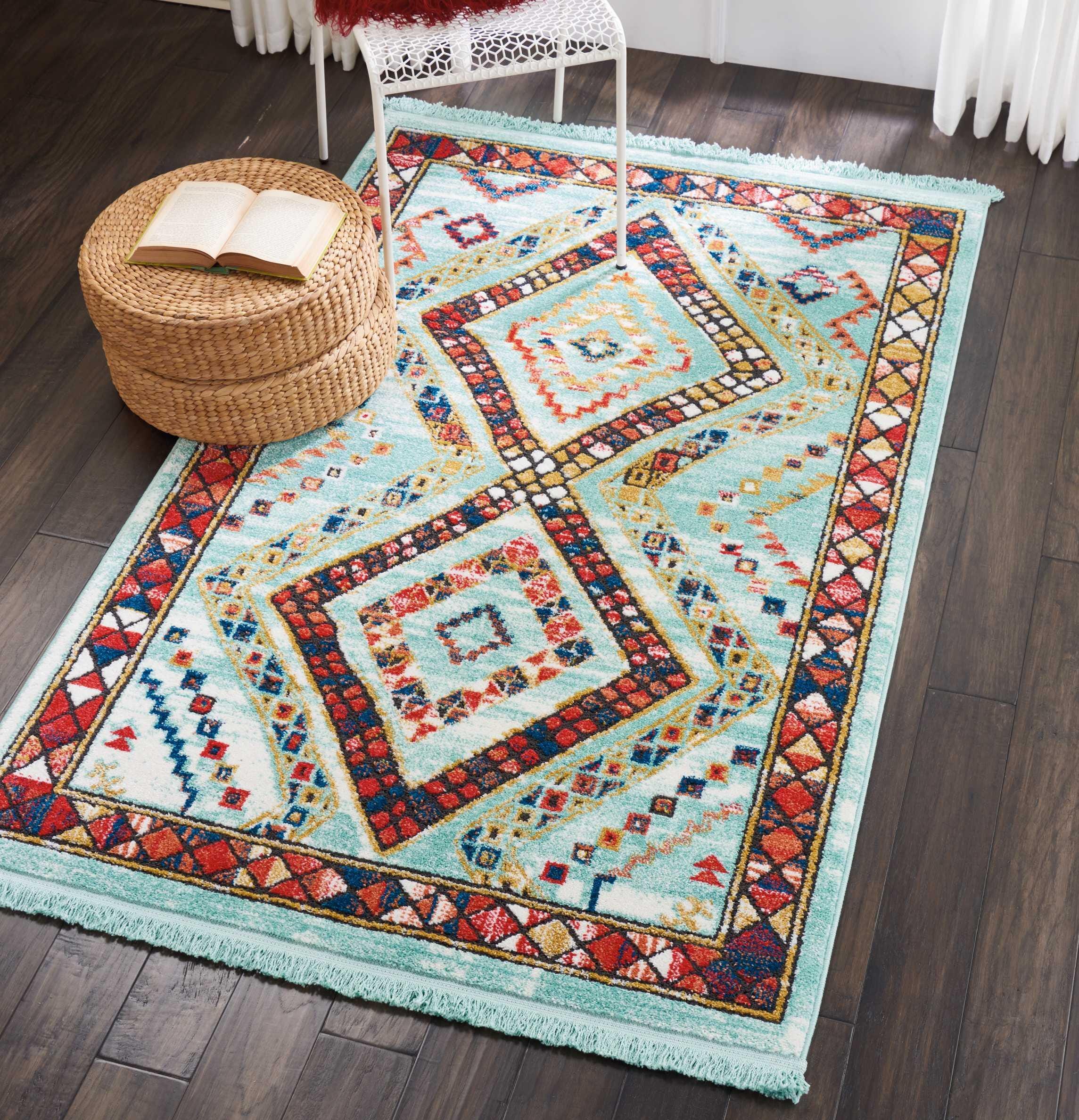 Nourison Nourison South Western 3'11" x 6'2" Aqua Tribal Indoor Rug, Aqua, rollover