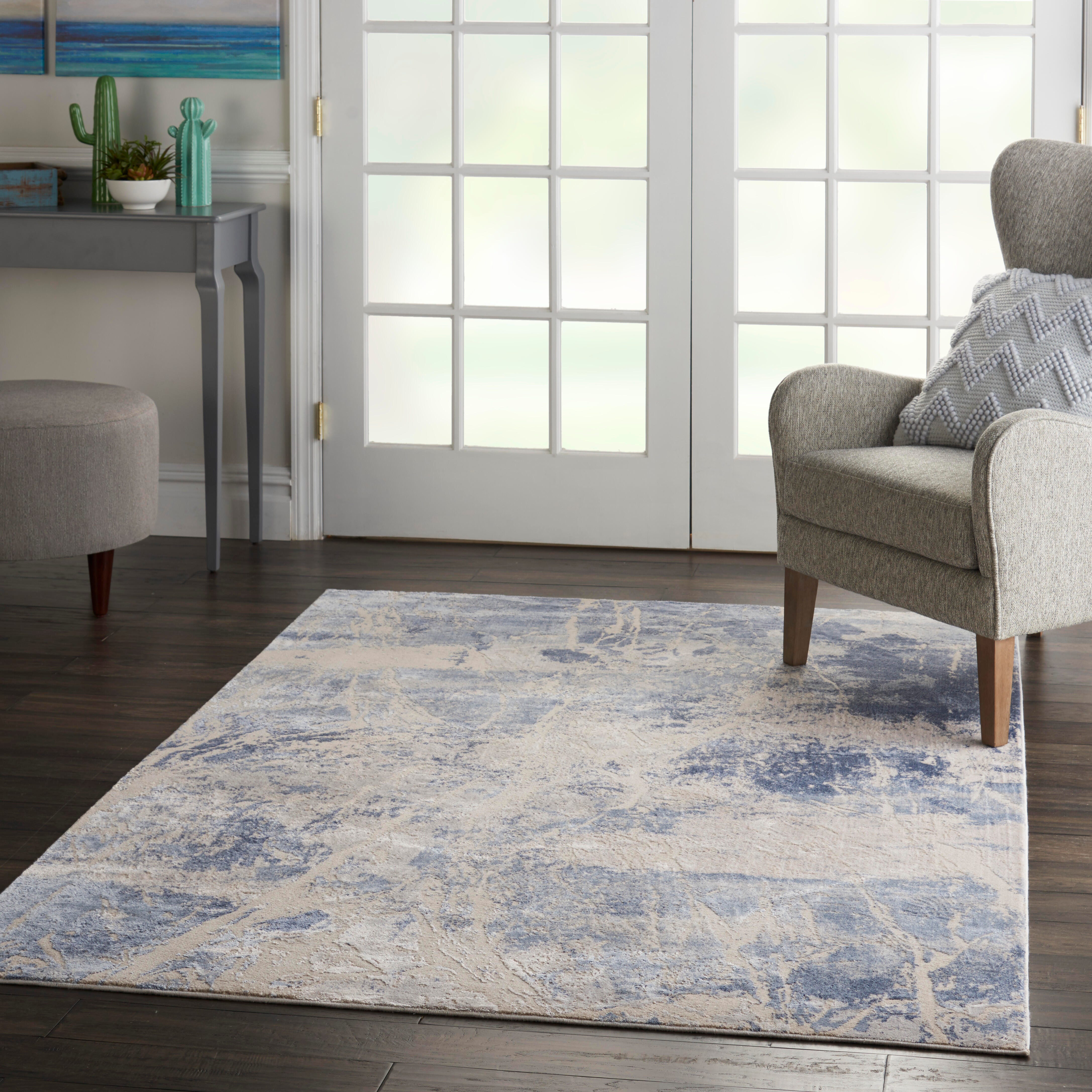 Nourison Nourison Silky Textures 5'3" x 7'3" Blue/Cream Modern Indoor Rug, Blue/Cream, large