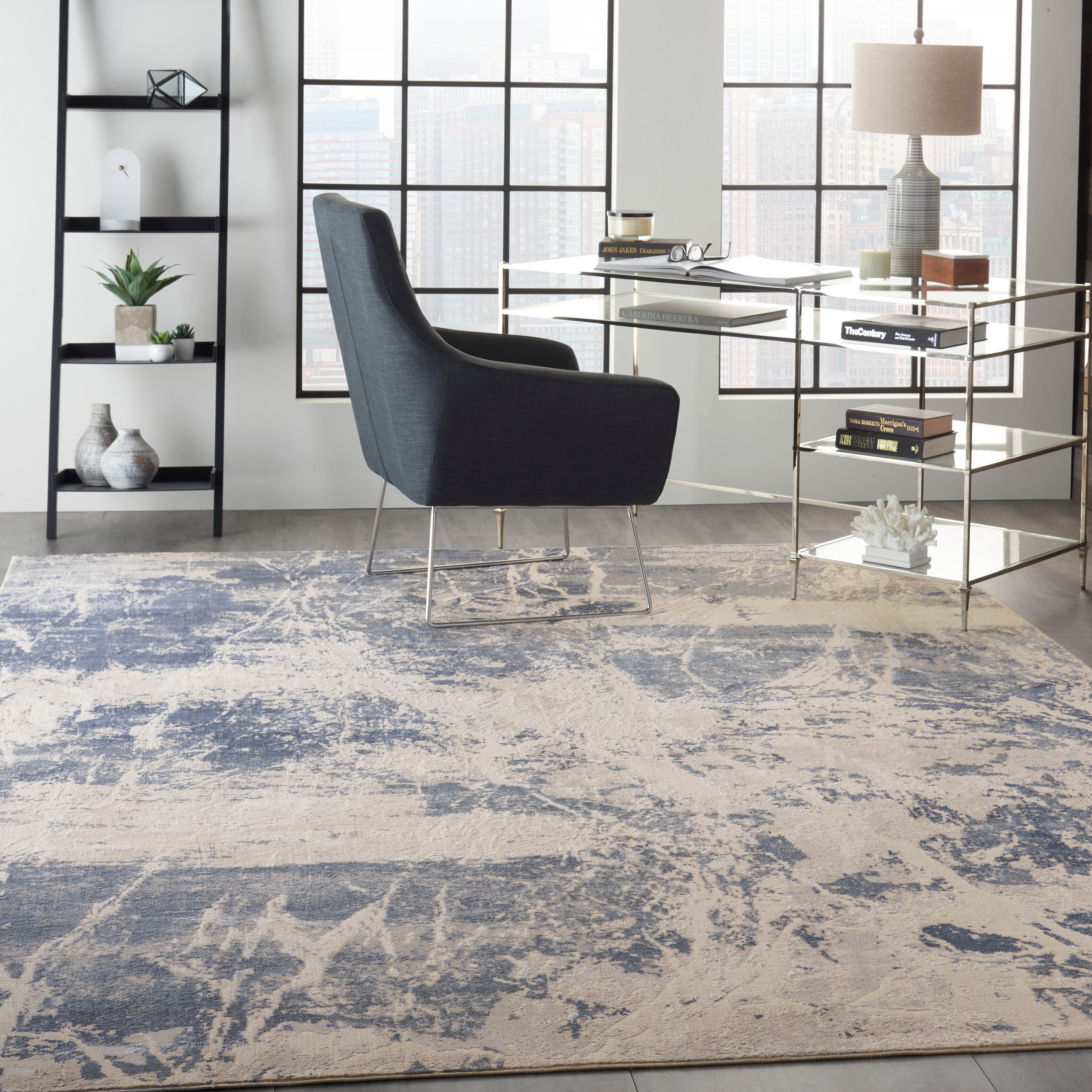 Nourison Nourison Silky Textures 7'10" x 10'6" Blue/Cream Modern Indoor Rug, Blue/Cream, large