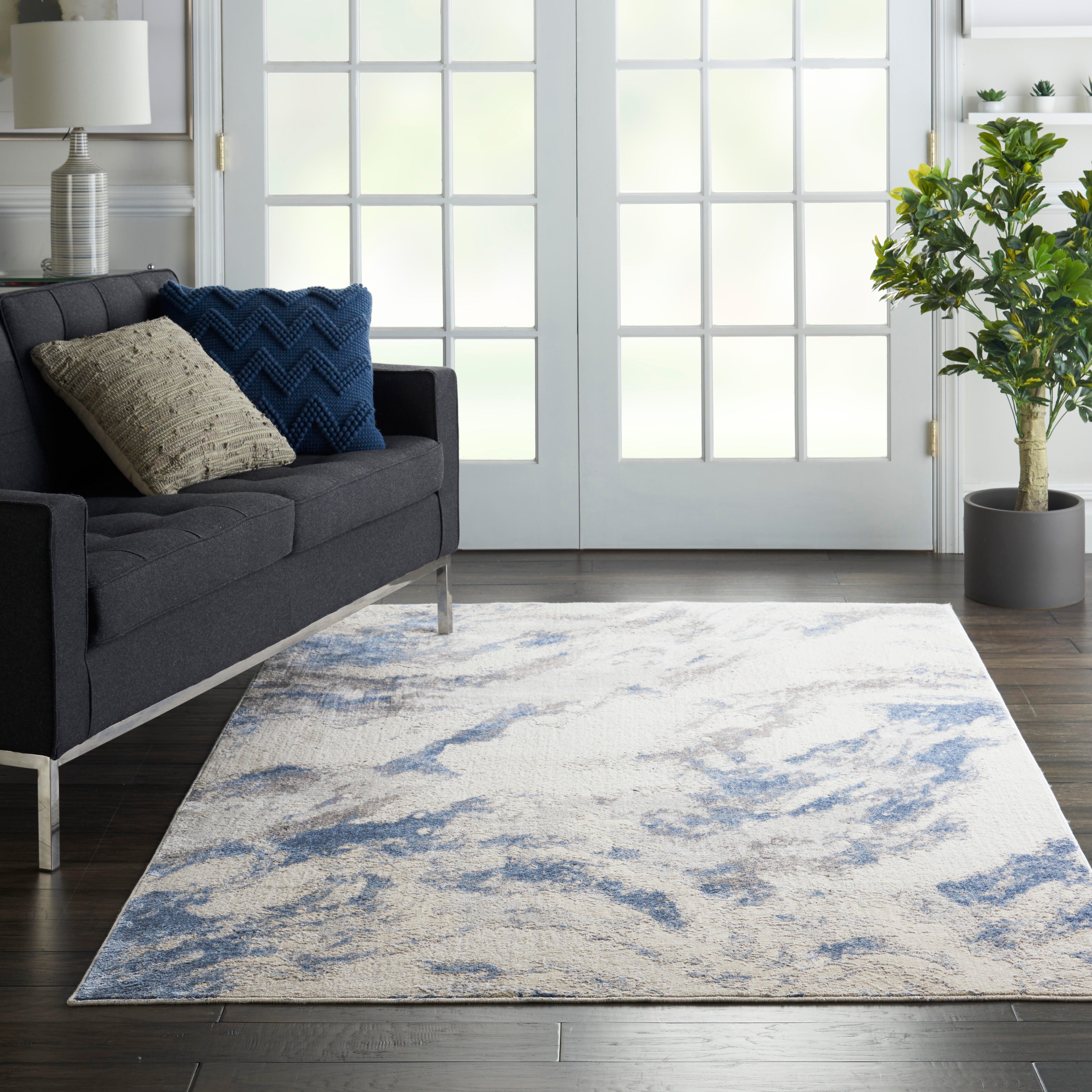 Nourison Home Nourison Silky Textures 3'11" x 5'11" Blue/Ivory/Grey Modern Indoor Rug, Blue/Ivory/Gray, rollover