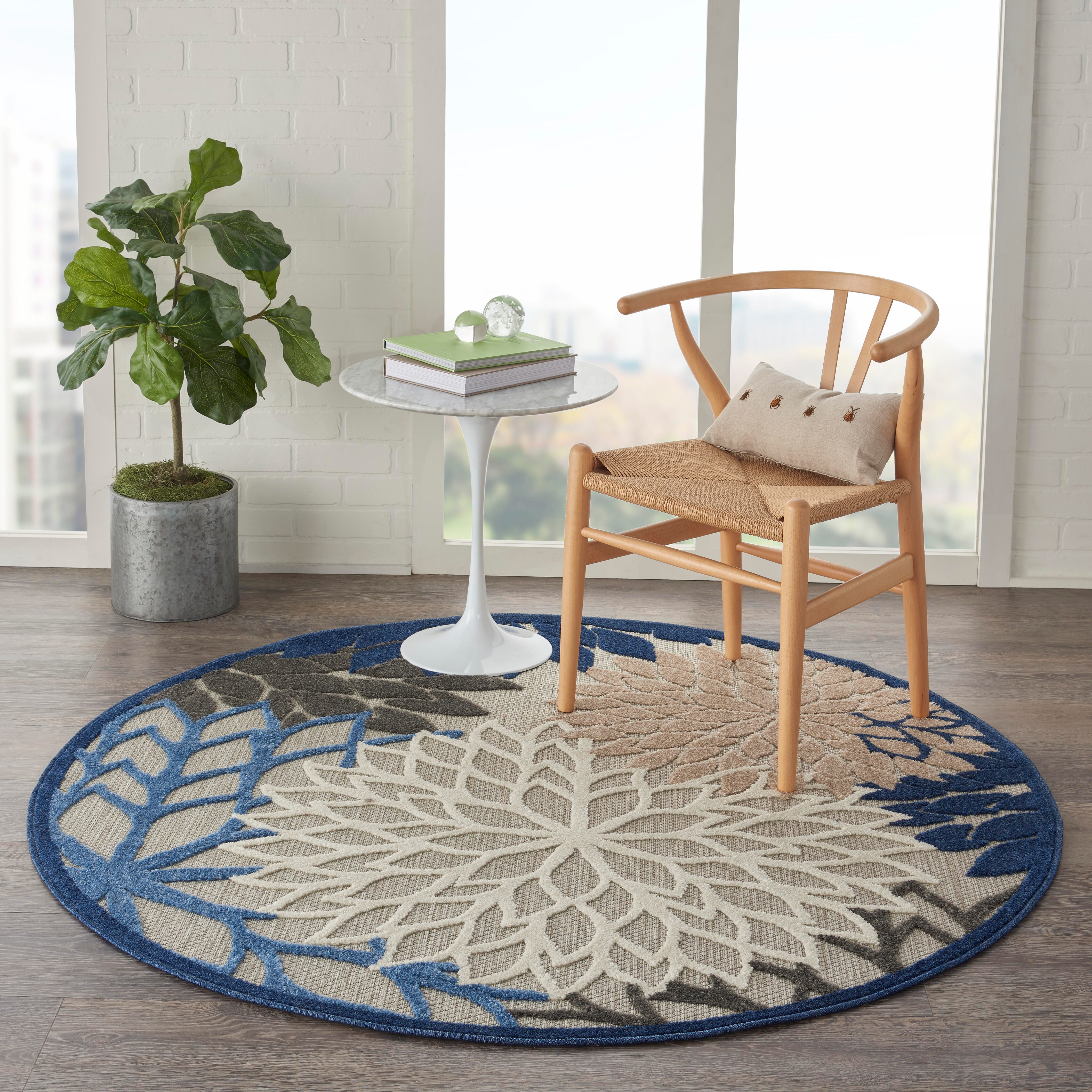 Nourison Home Nourison Aloha 4' x ROUND Blue/Multicolor Tropical Indoor/Outdoor Rug, Blue/Multi, rollover