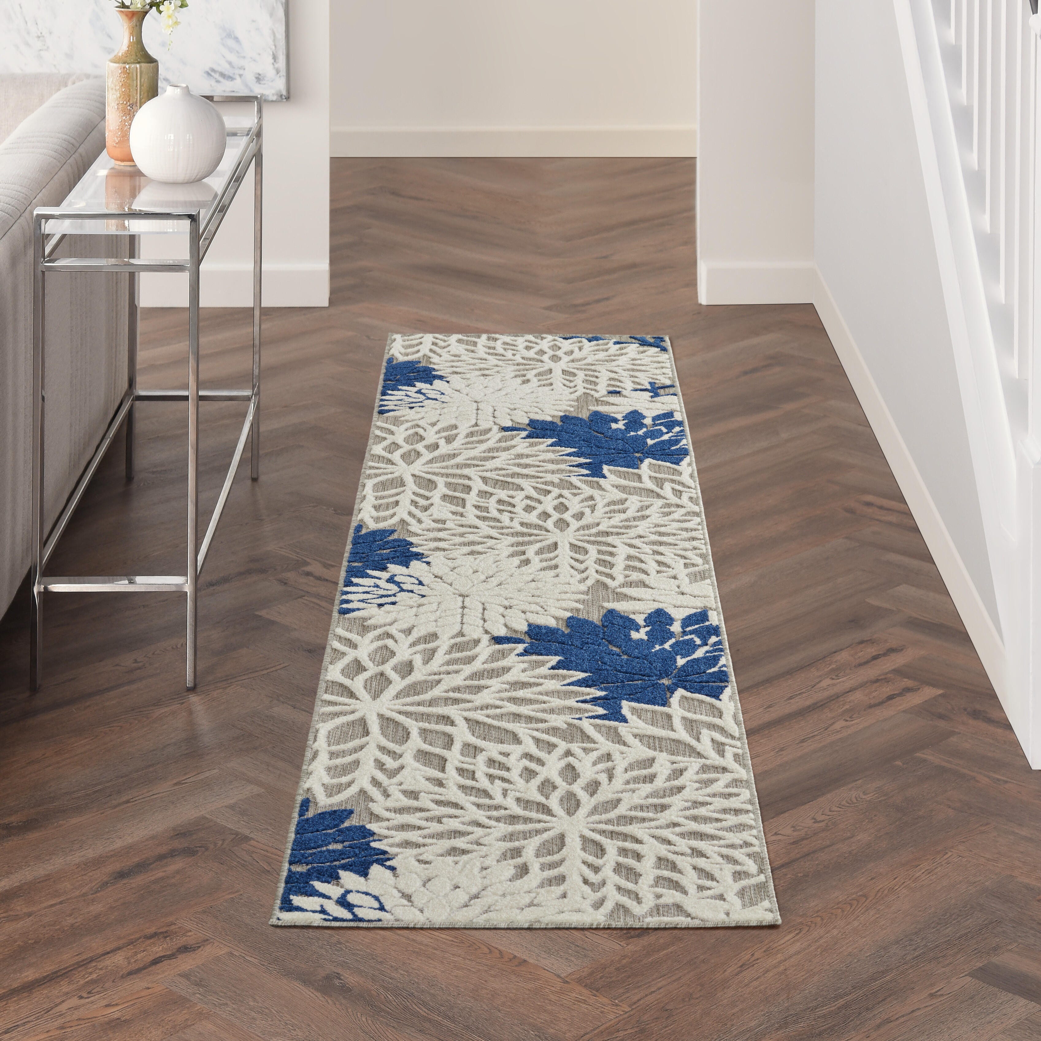 Nourison Home Nourison Aloha 2' x 6' Ivory/Navy Tropical Indoor/Outdoor Rug, Ivory/Navy, rollover