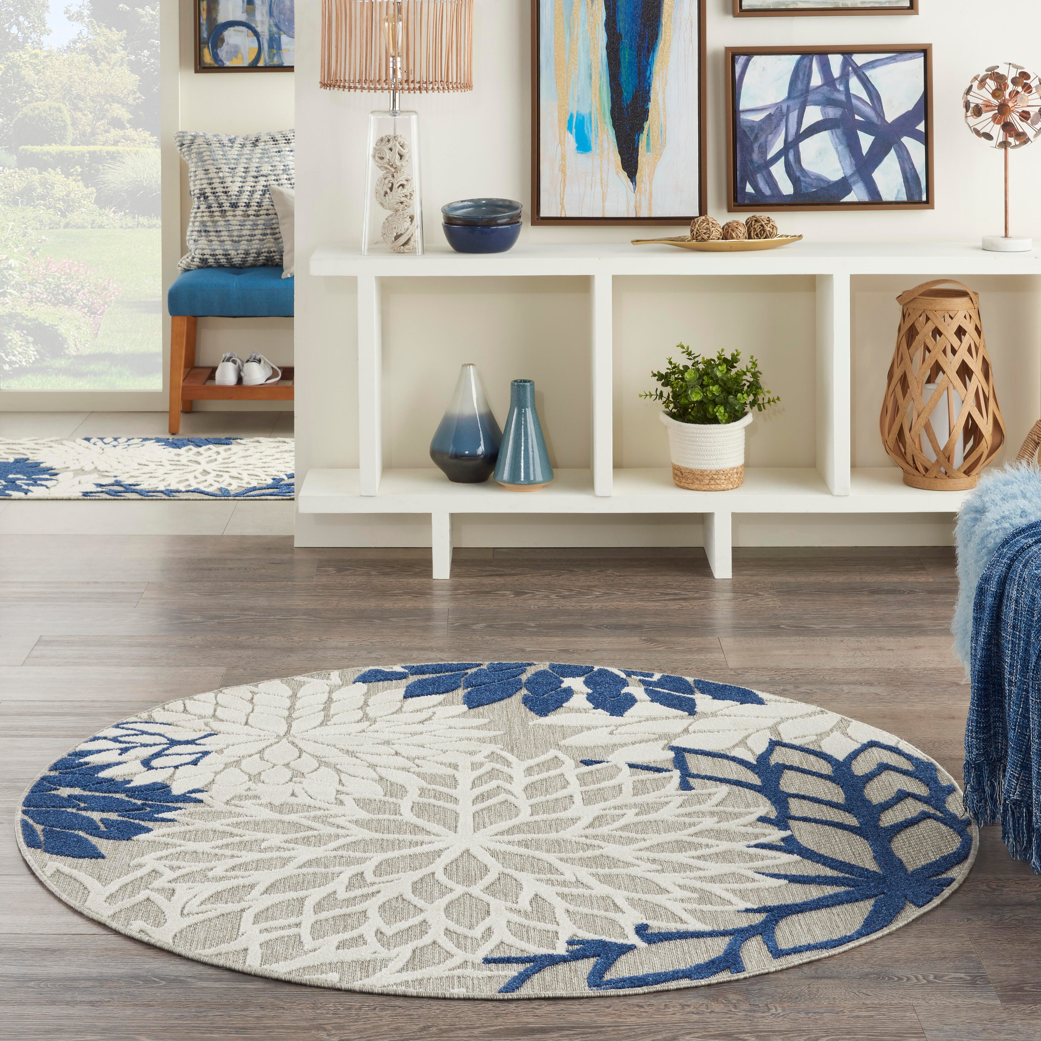 Nourison Home Nourison Aloha 4' x round Ivory/Navy Tropical Indoor/Outdoor Rug, Ivory/Navy, rollover