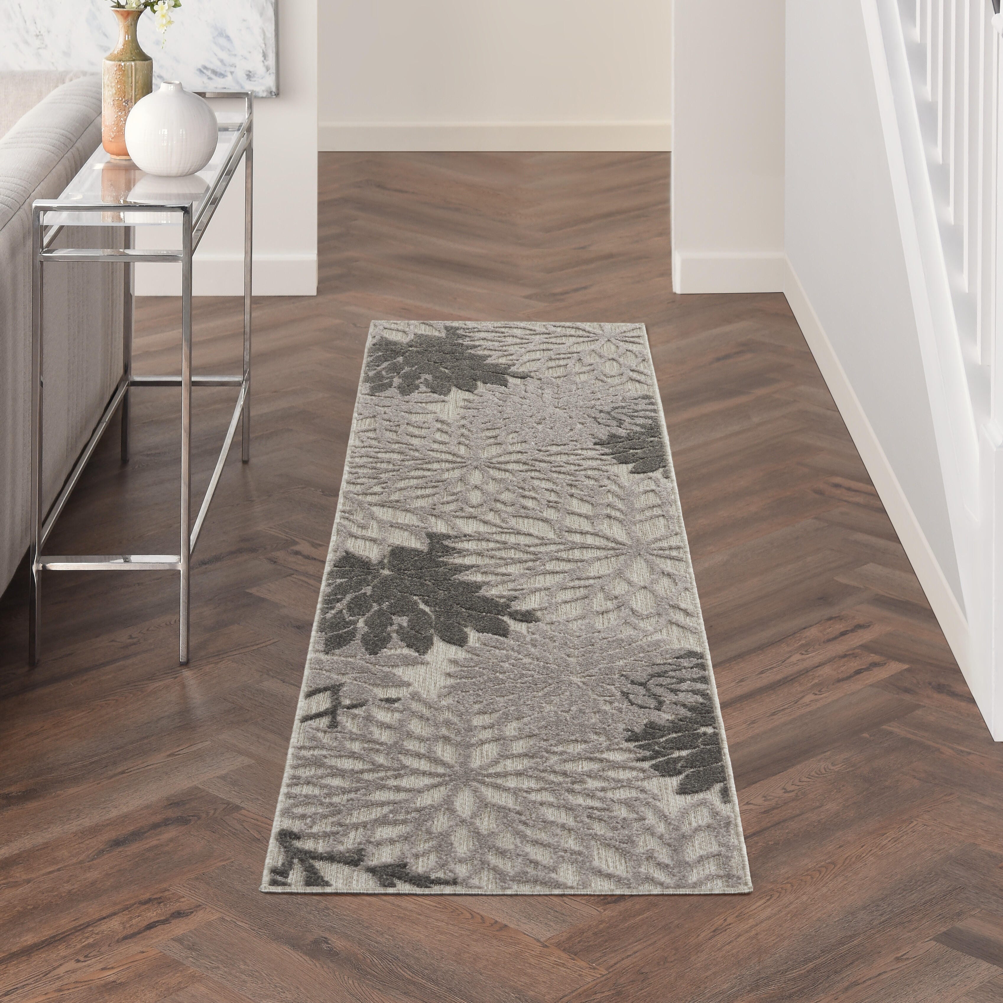 Nourison Home Nourison Aloha 2'3" x 8' Silver Grey Tropical Indoor/Outdoor Rug, Silver Gray, rollover