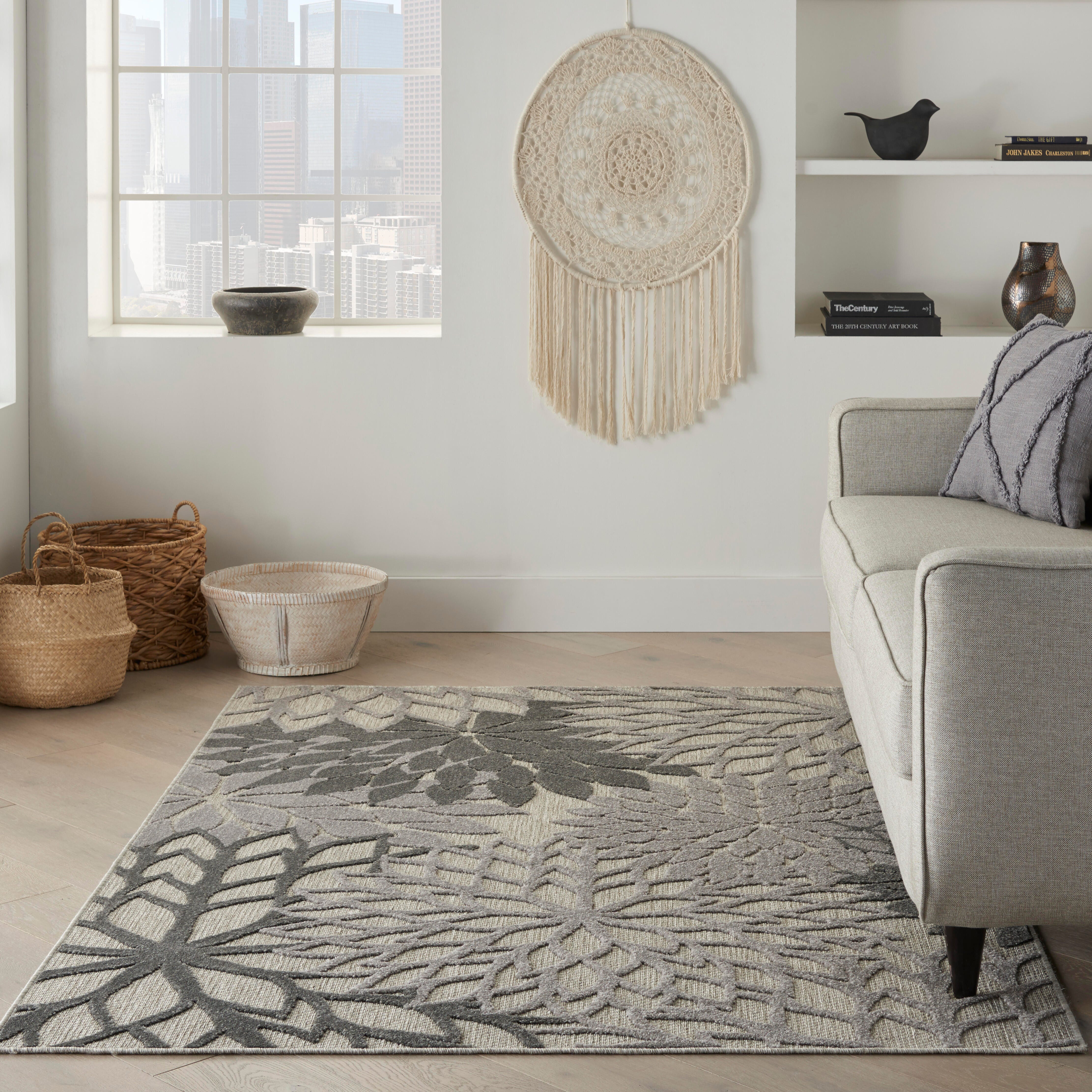 Nourison Home Nourison Aloha 3'6" x 5'6" Silver Grey Tropical Indoor/Outdoor Rug, Silver Gray, rollover