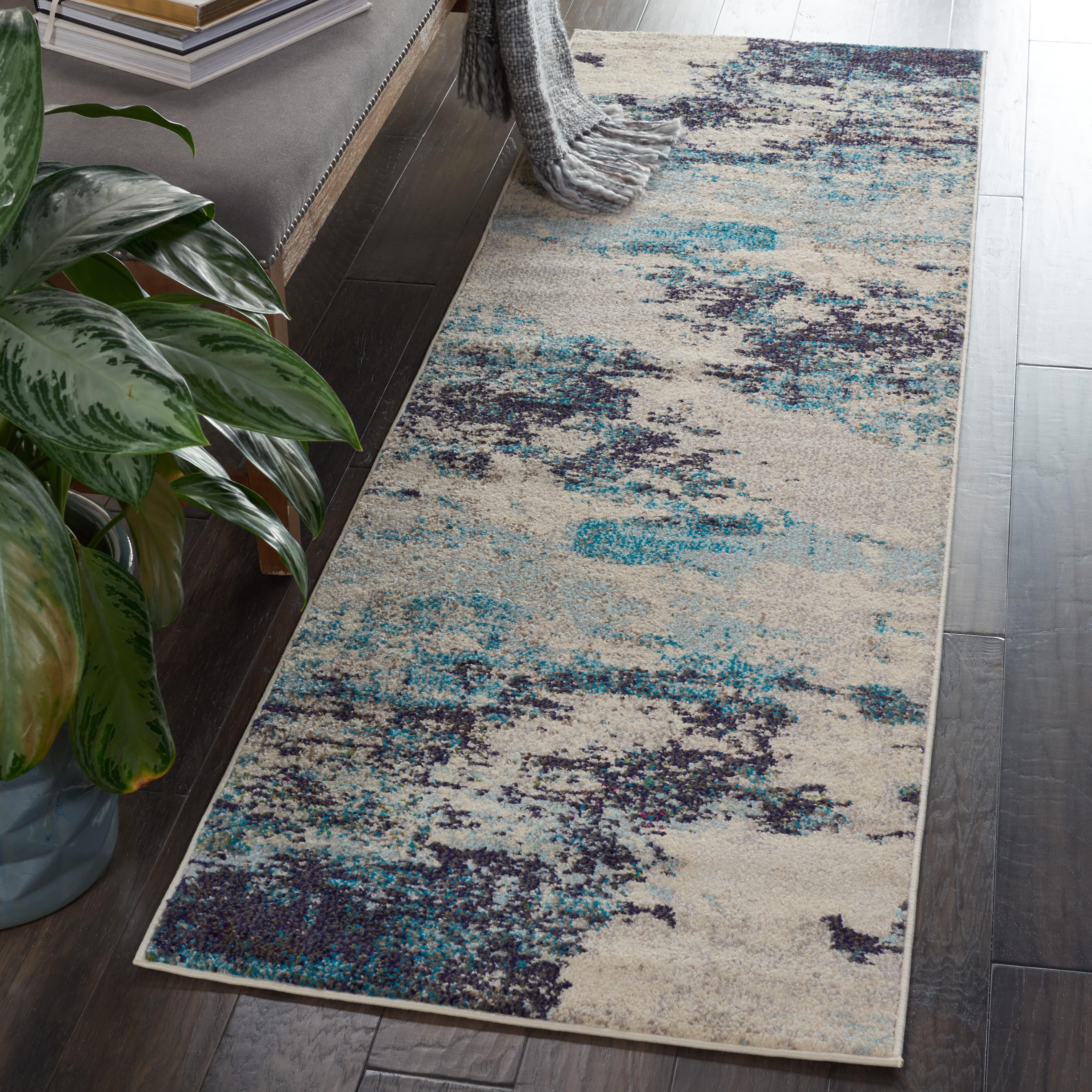 Nourison Nourison Celestial 2'2" x 12' Ivory/Teal Blue Modern Indoor Rug, Ivory/Teal Blue, rollover