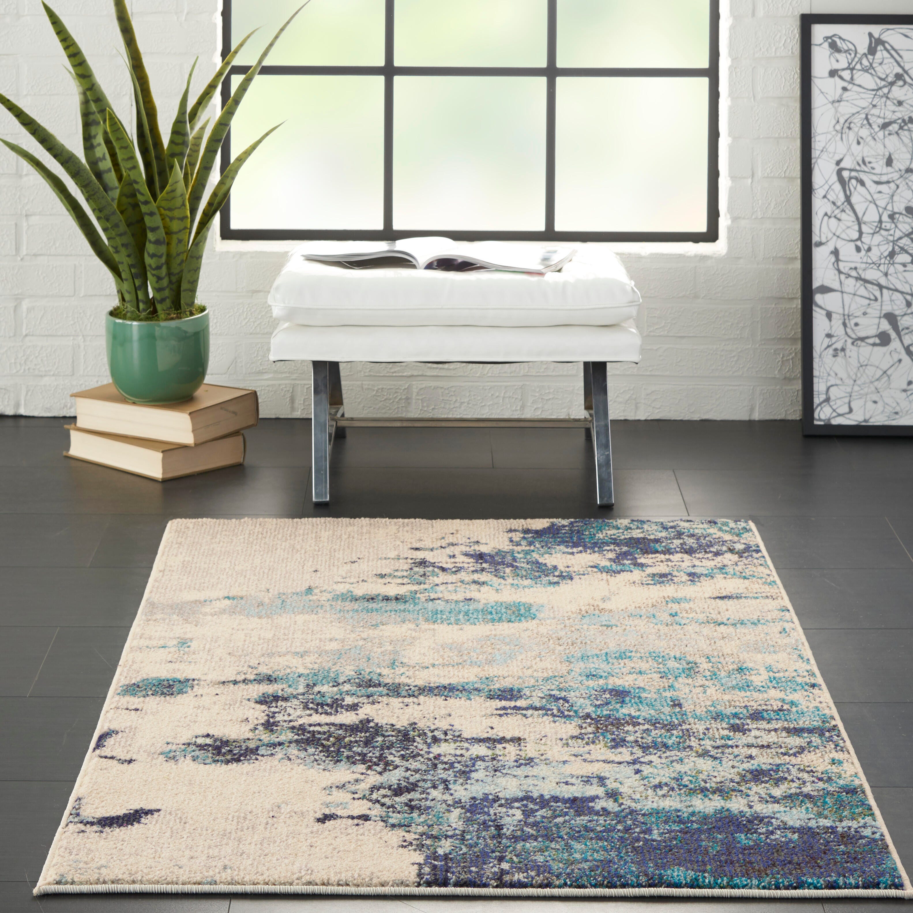 Nourison Nourison Celestial 3' x 5' Ivory/Teal Blue Modern Indoor Rug, Ivory/Teal Blue, rollover