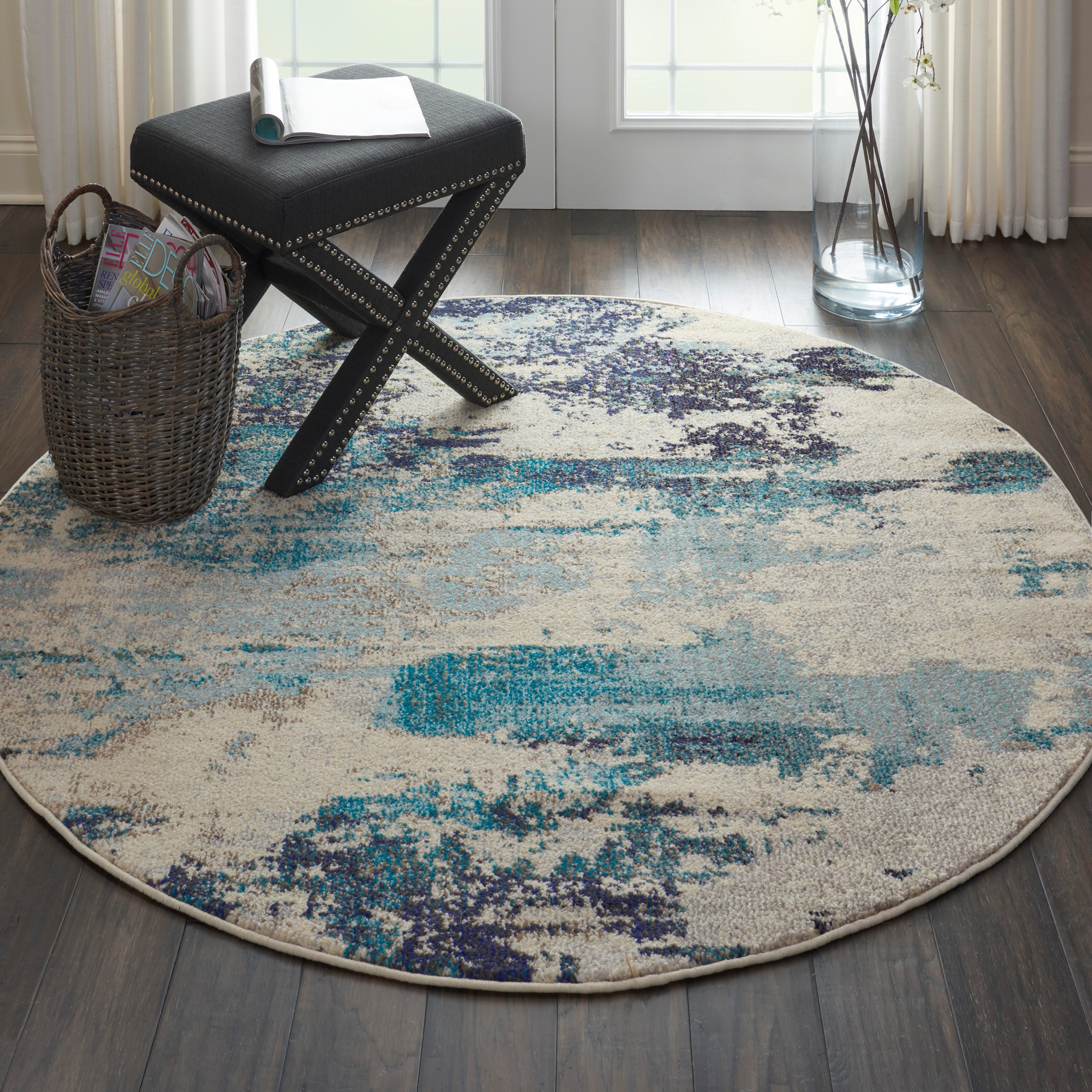 Nourison Nourison Celestial 4' x ROUND Ivory/Teal Blue Modern Indoor Rug, Ivory/Teal Blue, rollover