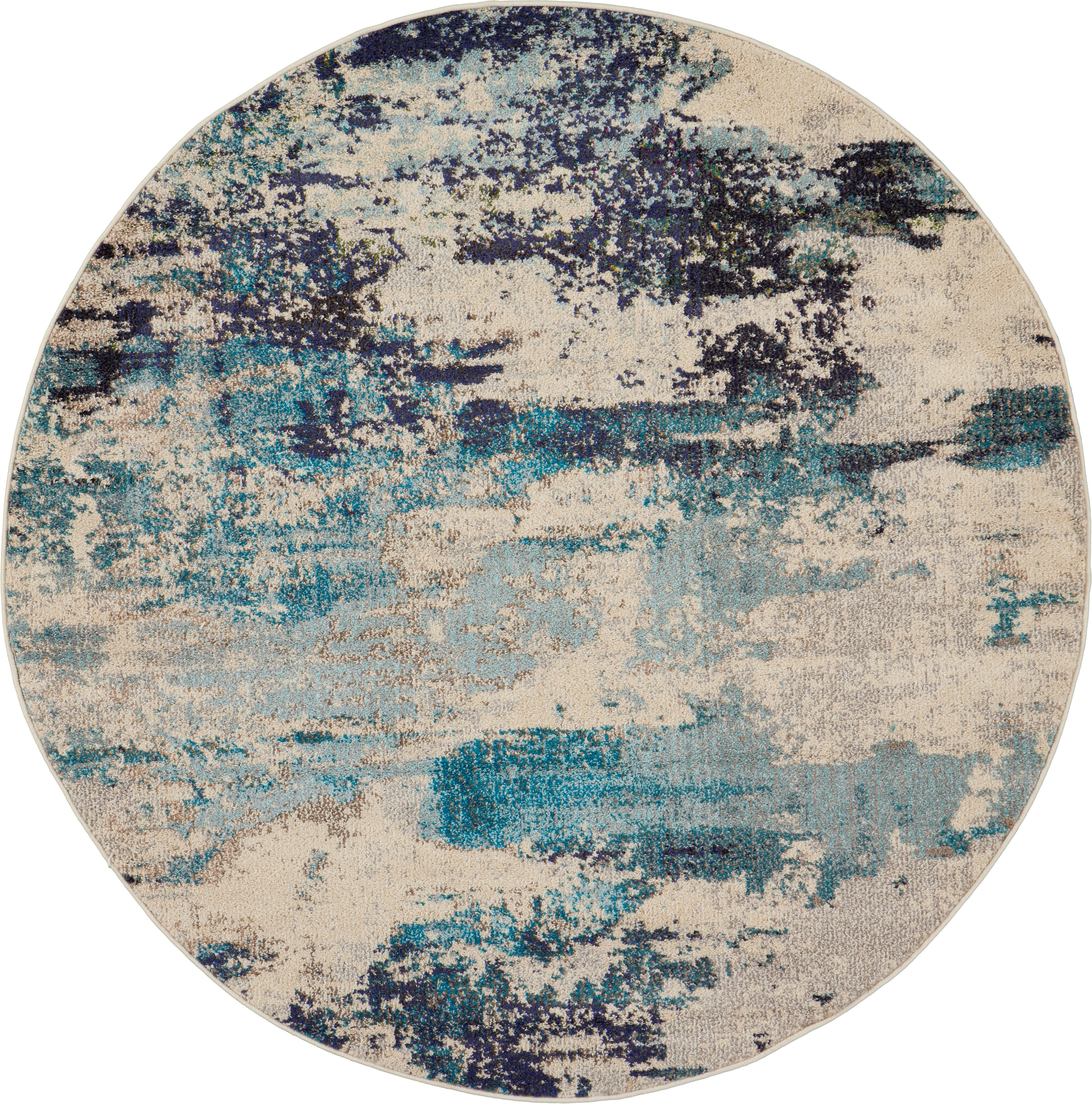 Nourison Nourison Celestial 4' x ROUND Ivory/Teal Blue Modern Indoor Rug, Ivory/Teal Blue, large