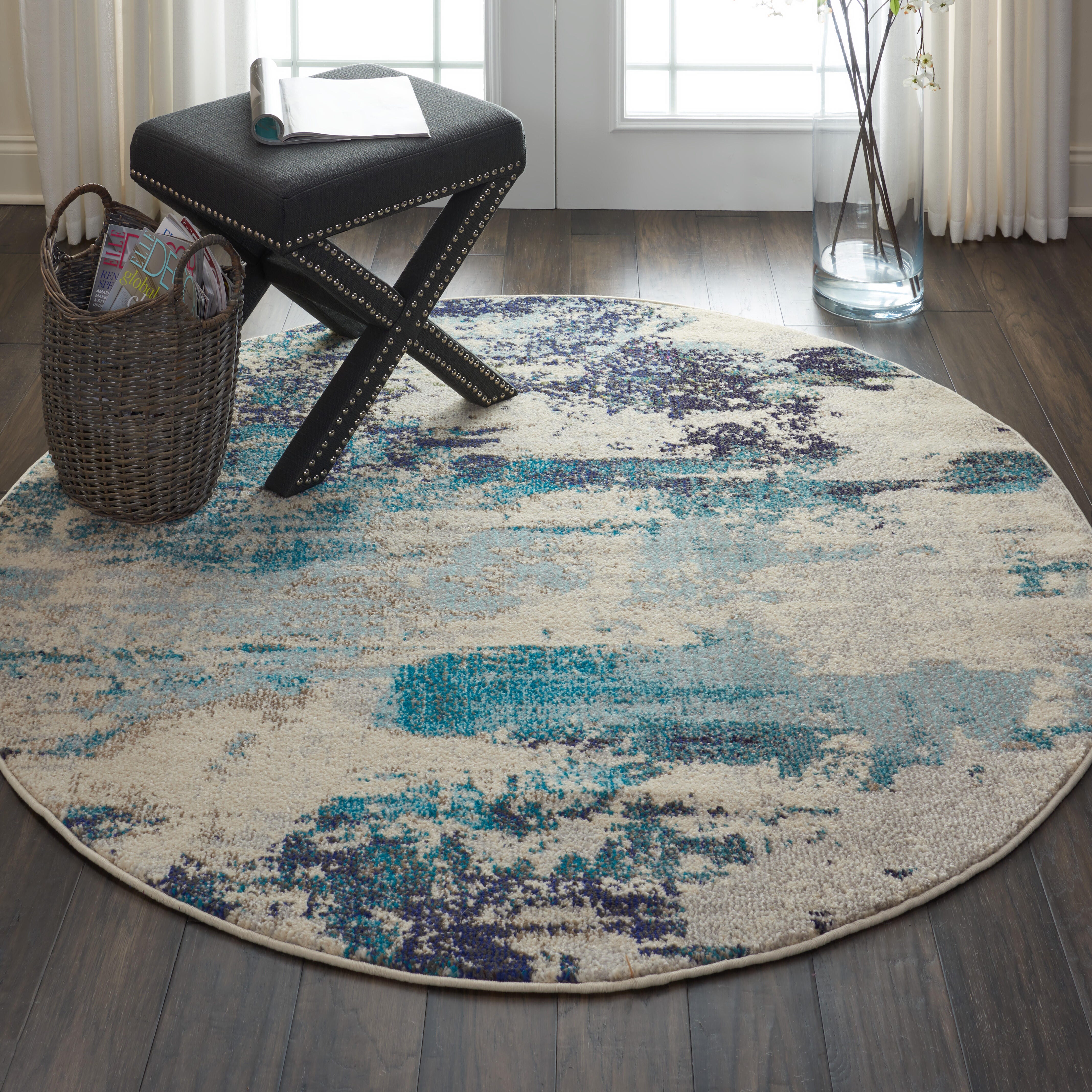 Nourison Nourison Celestial 5'3" x ROUND Ivory/Teal Blue Modern Indoor Rug, Ivory/Teal Blue, rollover