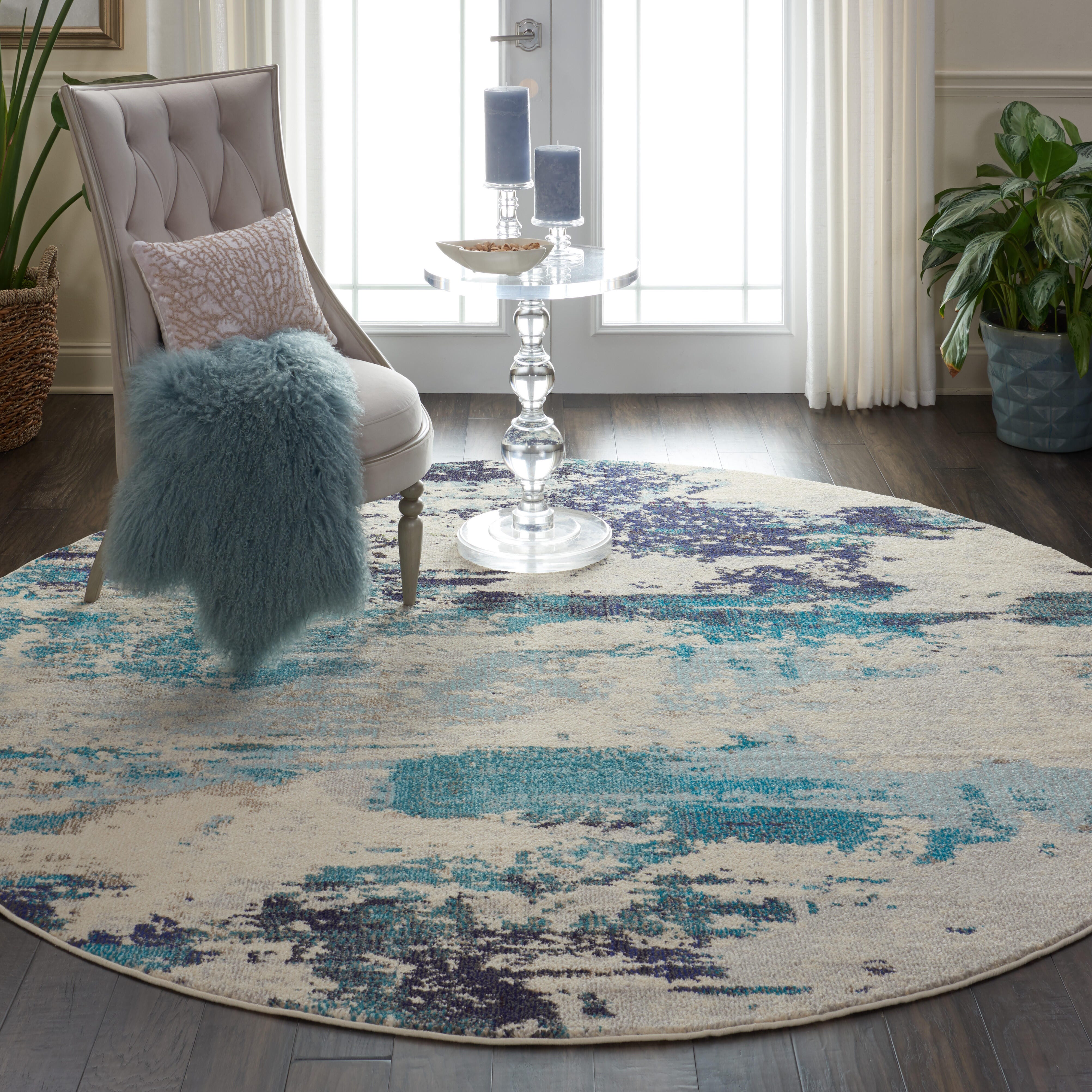 Nourison Nourison Celestial 7'10" x ROUND Ivory/Teal Blue Modern Indoor Rug, Ivory/Teal Blue, rollover