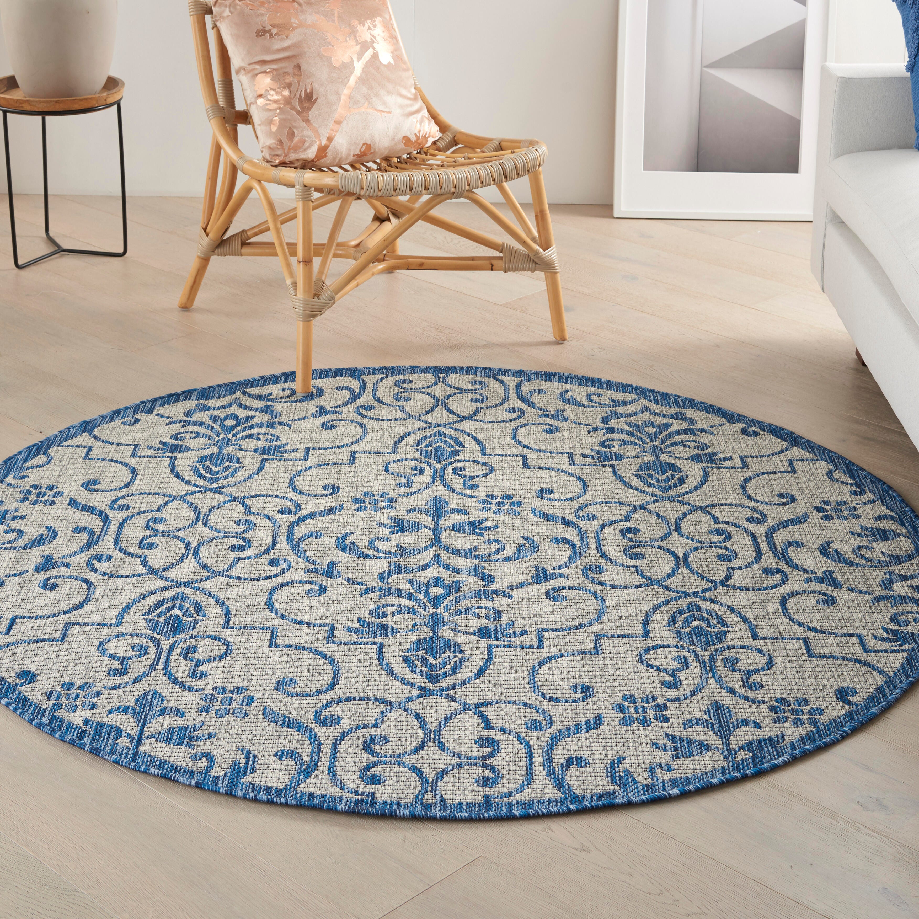 Nourison Home Nourison Country Side 5'3" x round Ivory Blue Farmhouse Indoor/Outdoor Rug, Ivory Blue, rollover