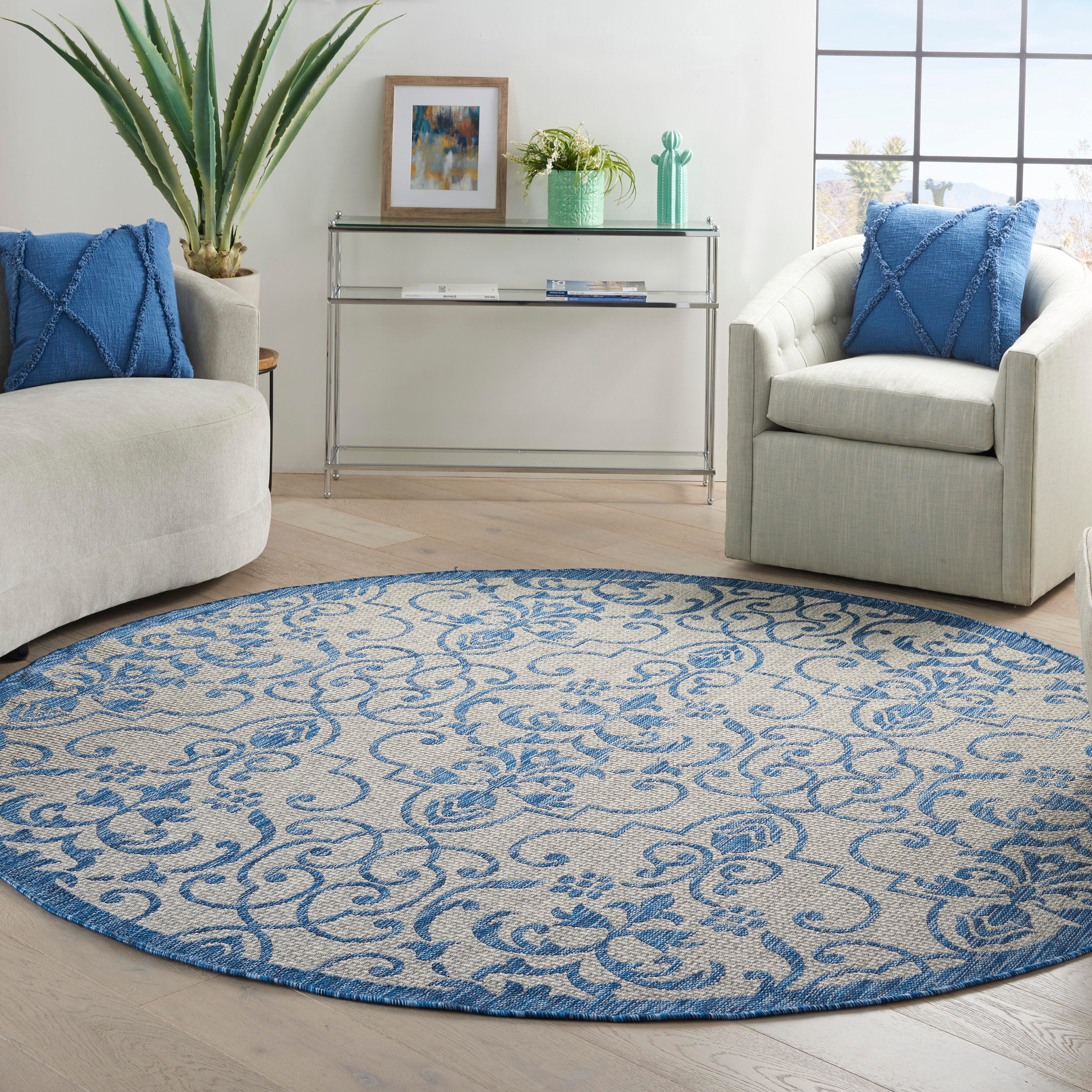 Nourison Home Nourison Country Side 7'10" x round Ivory Blue Farmhouse Indoor/Outdoor Rug, Ivory Blue, rollover