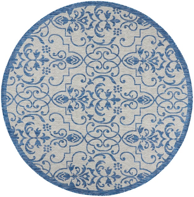 Nourison Home Country Side 7'10" x round Ivory Blue Farmhouse Indoor/Outdoor Rug, Ivory Blue