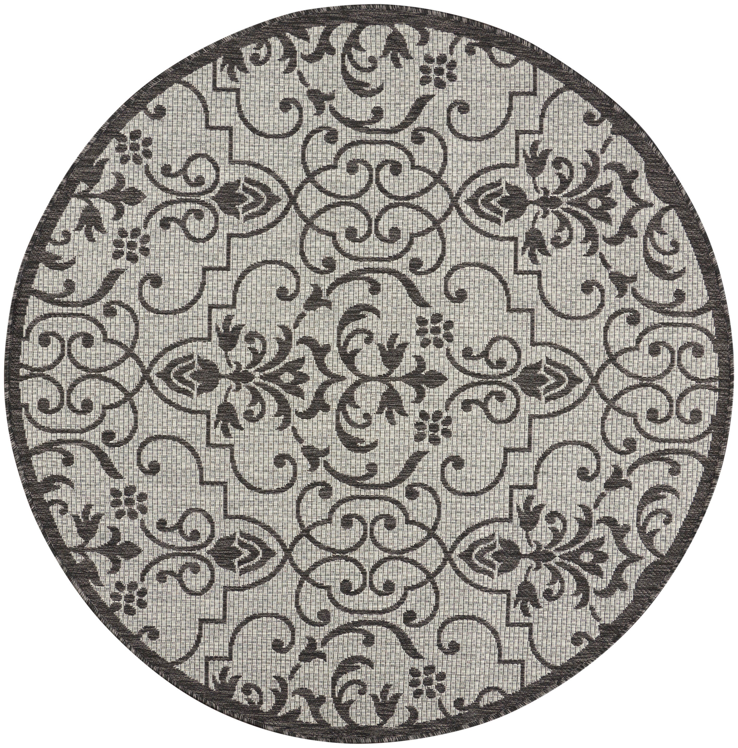 Nourison Home Nourison Country Side 5'3" x round Ivory/Charcoal Transitional Indoor/Outdoor Rug, Ivory/Charcoal, large