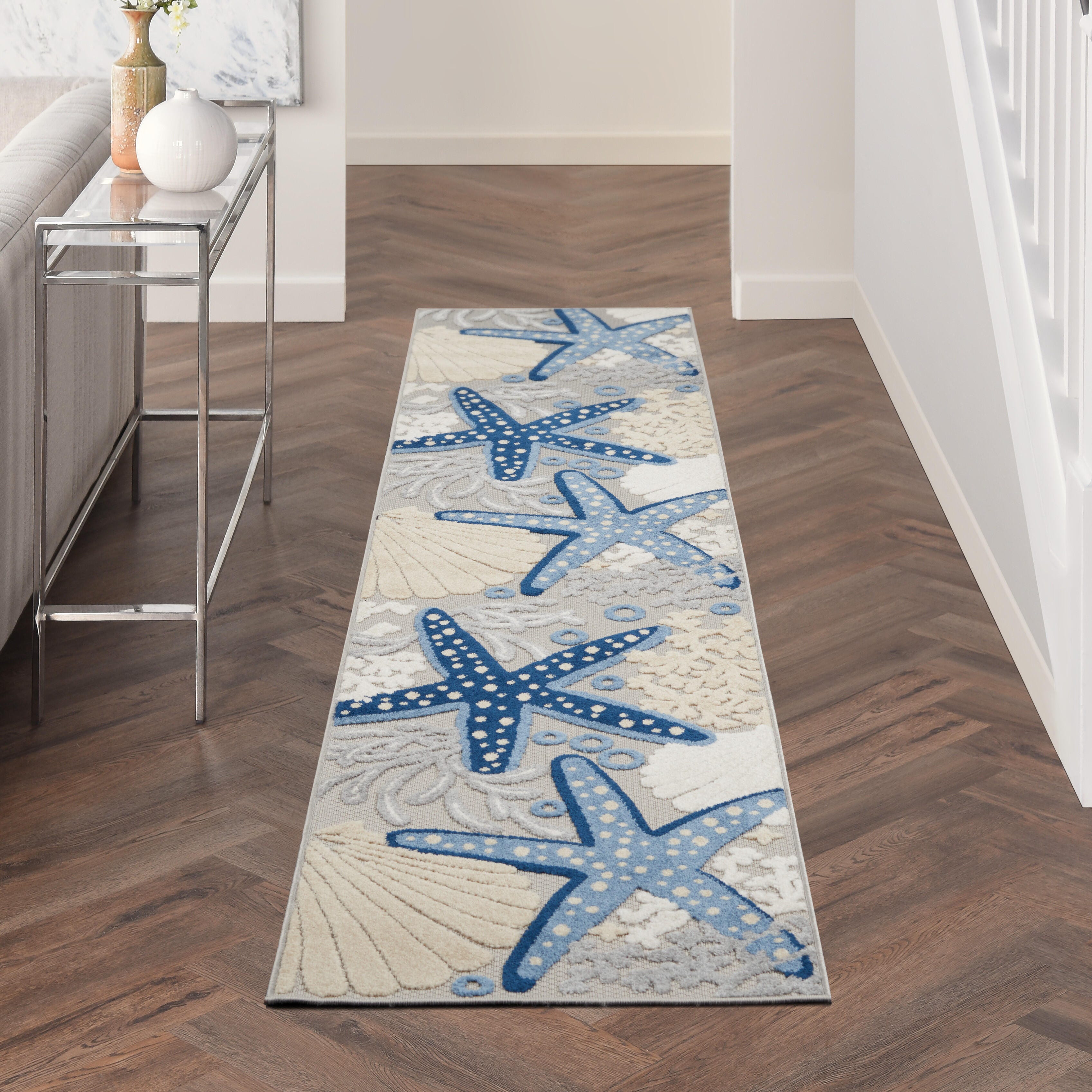 Nourison Home Nourison Aloha 2'3" x 10' Blue/Grey Coastal, Nautical and Beach Indoor/Outdoor Rug, Blue/Gray, rollover