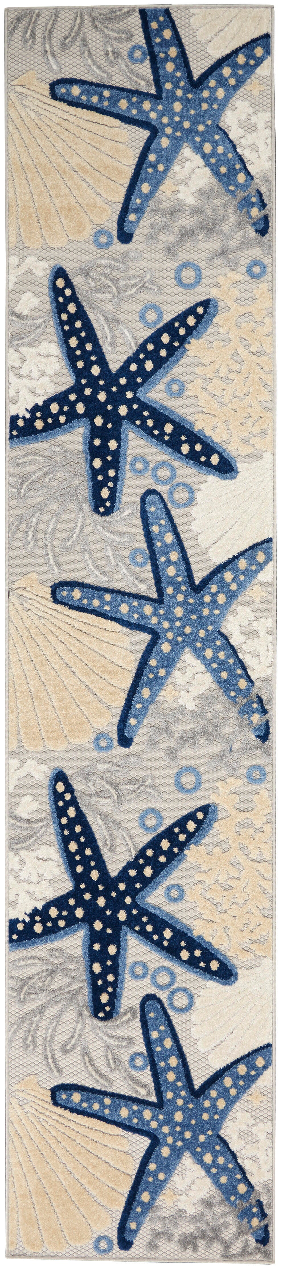 Nourison Home Nourison Aloha 2'3" x 10' Blue/Grey Coastal, Nautical and Beach Indoor/Outdoor Rug, Blue/Gray, large