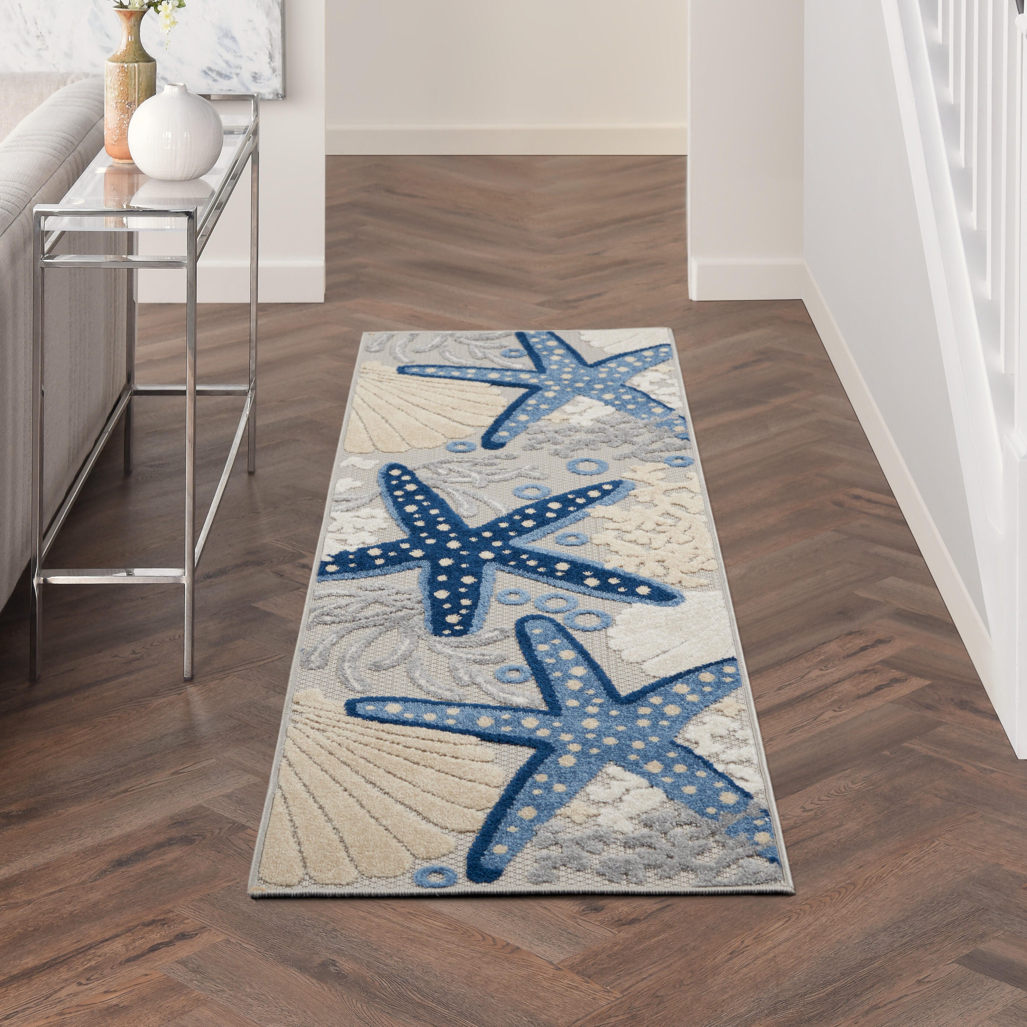 Nourison Home Nourison Aloha 2'3" x 8' Blue/Grey Coastal, Nautical and Beach Indoor/Outdoor Rug, Blue/Gray, rollover