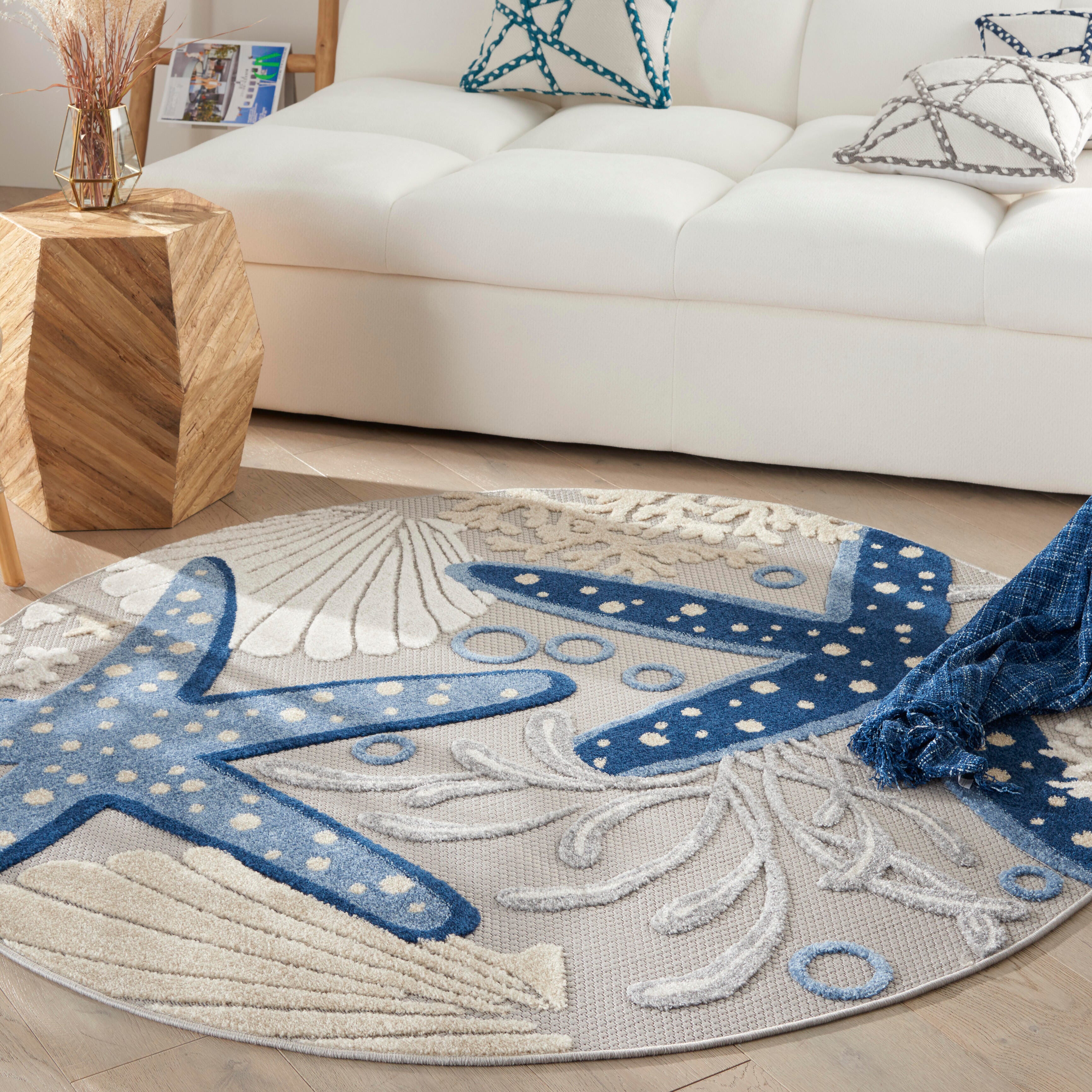 Nourison Home Nourison Aloha 4' x round Blue/Grey Coastal, Nautical & Beach Indoor/Outdoor Rug, Blue/Gray, rollover