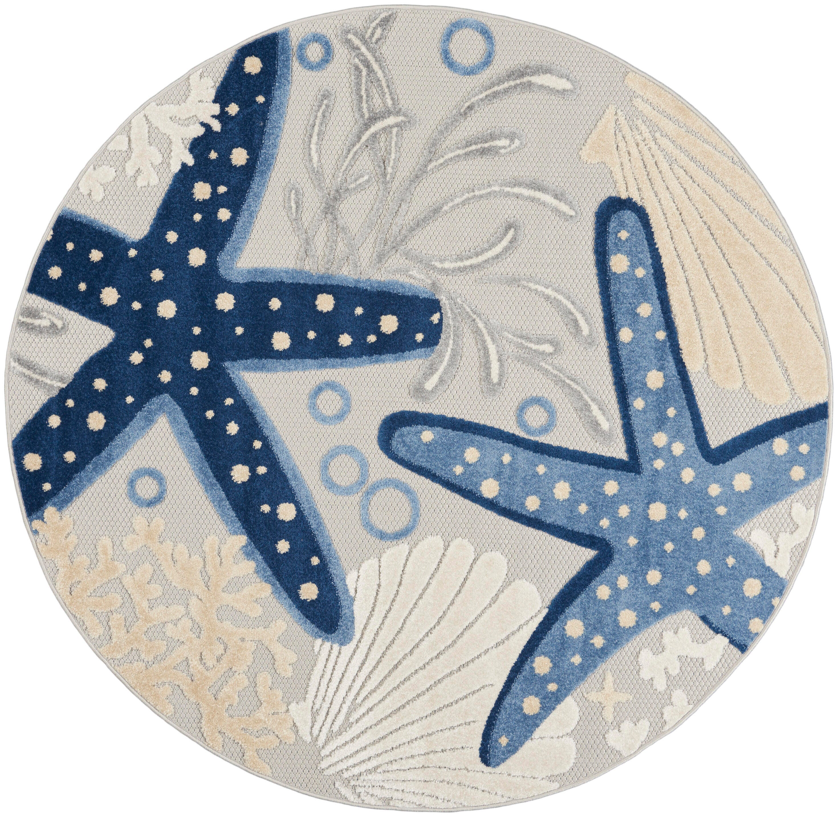 Nourison Home Nourison Aloha 5'3" x round Blue/Grey Coastal, Nautical and Beach Indoor/Outdoor Rug, Blue/Gray, large