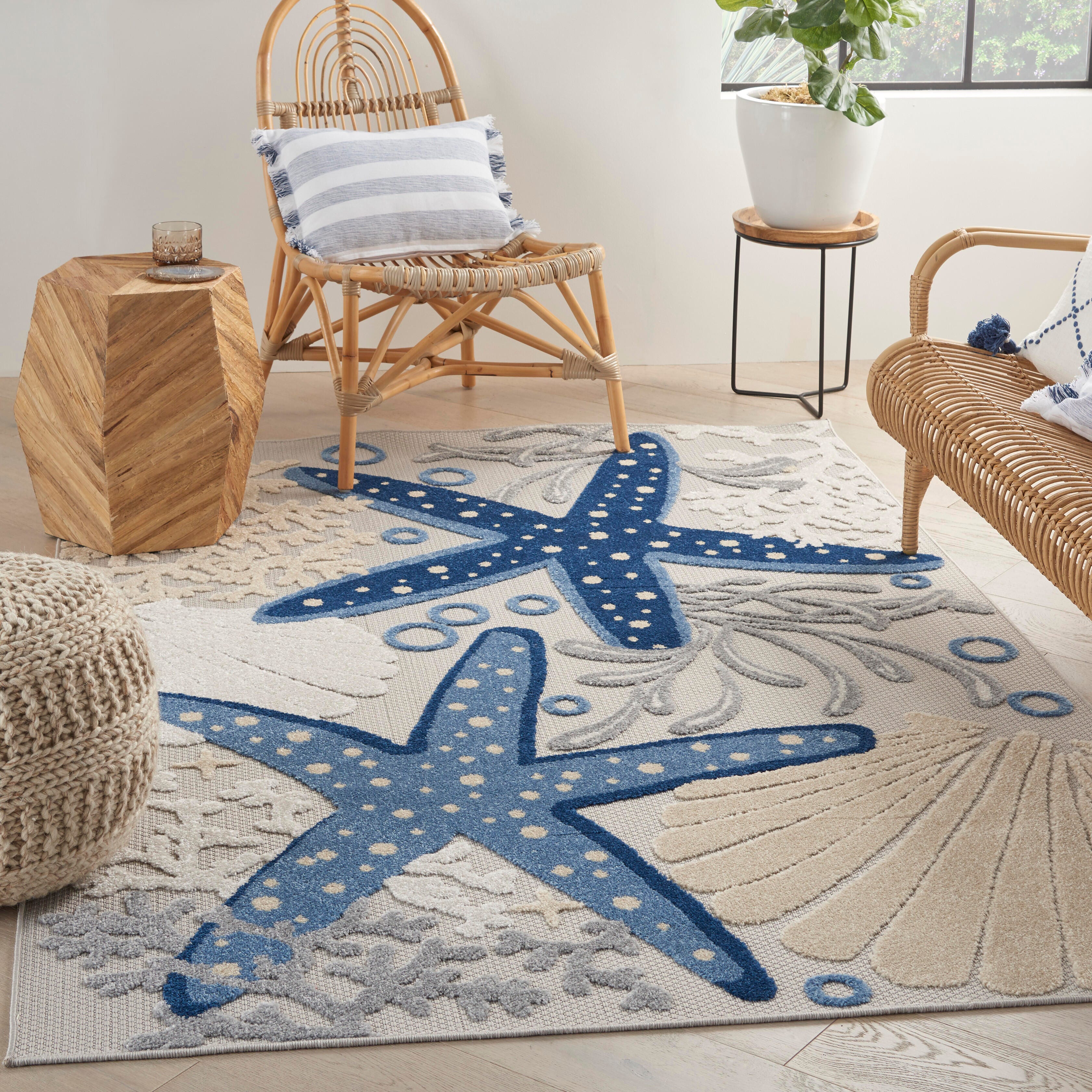 Nourison Home Nourison Aloha 6' x 9' Blue/Grey Coastal, Nautical & Beach Indoor/Outdoor Rug, Blue/Gray, rollover