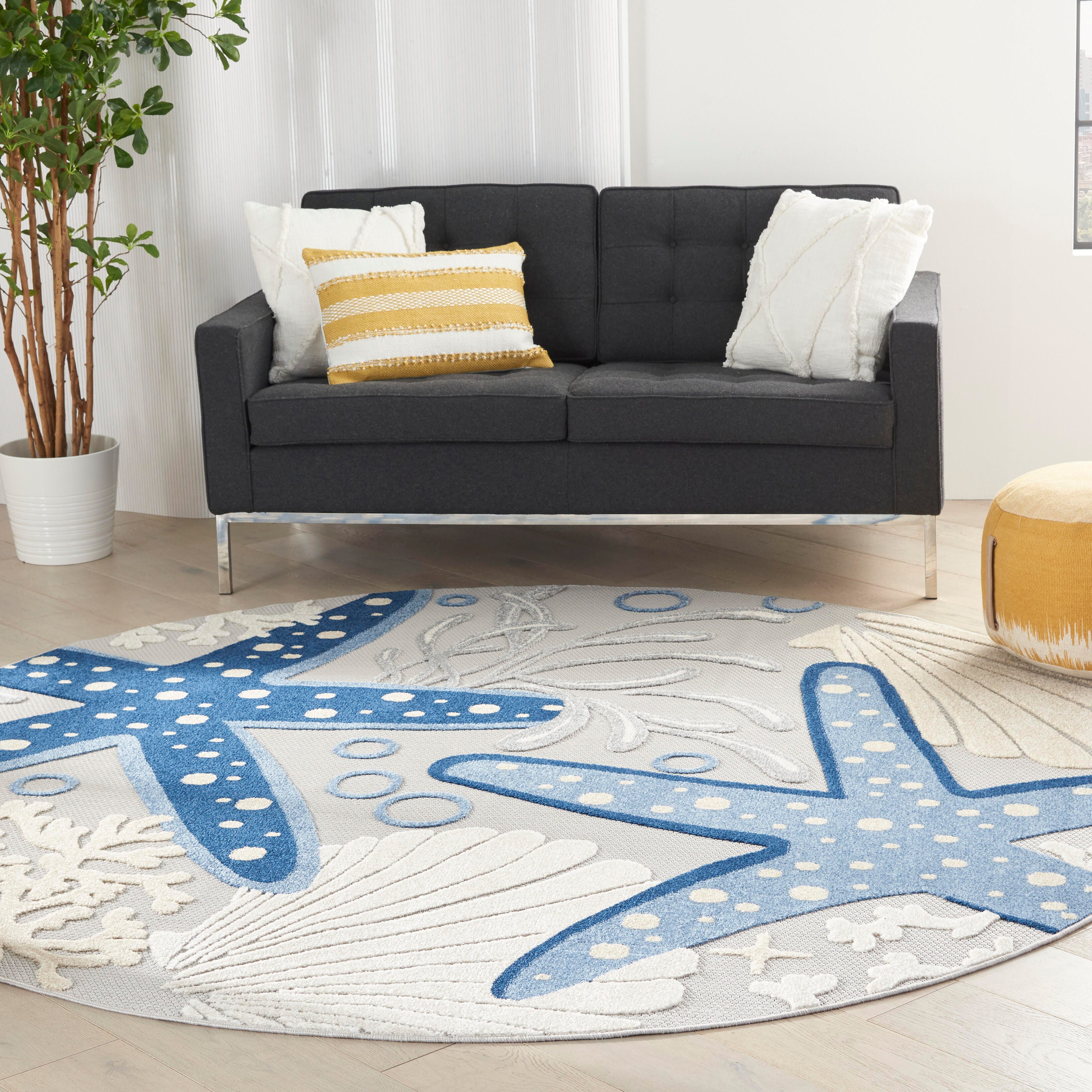 Nourison Home Nourison Aloha 7'10" x round Blue/Grey Coastal, Nautical and Beach Indoor/Outdoor Rug, Blue/Gray, rollover