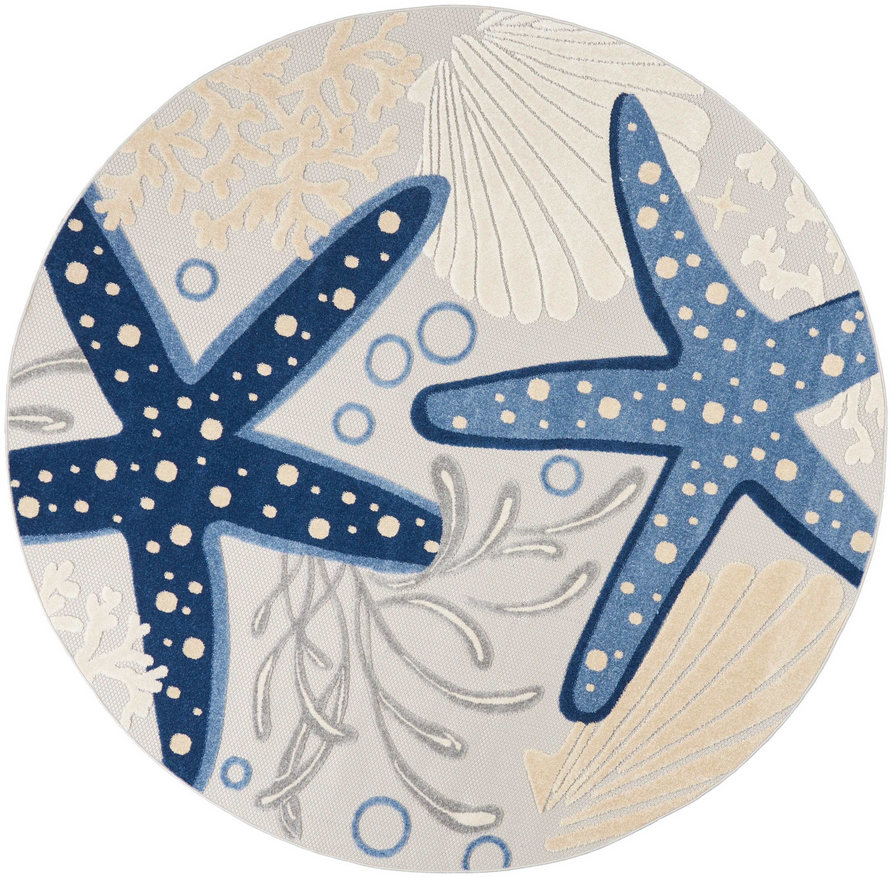 Nourison Home Nourison Aloha 7'10" x round Blue/Grey Coastal, Nautical and Beach Indoor/Outdoor Rug, Blue/Gray, large