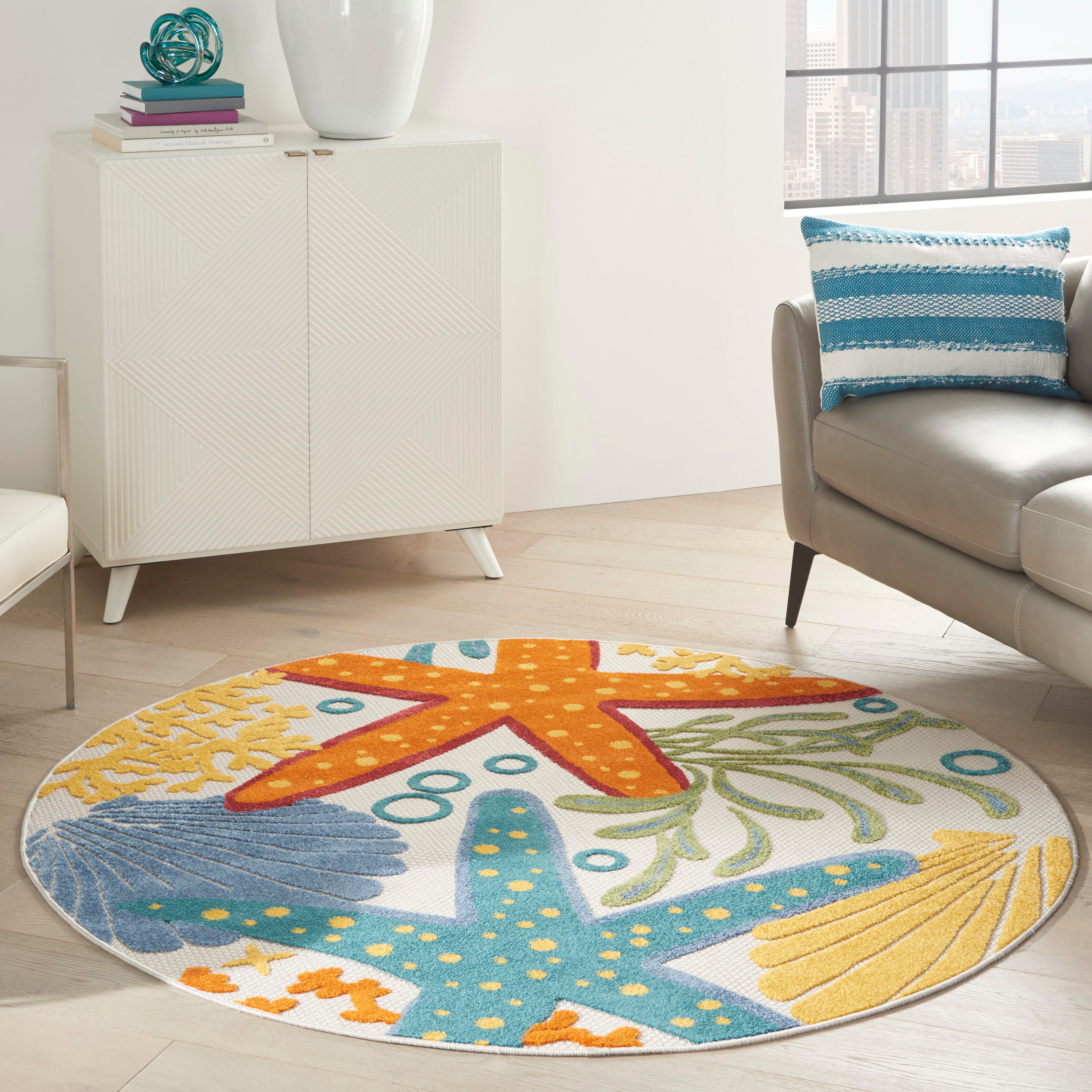 Nourison Home Nourison Aloha 5'3" x round Multicolor Coastal, Nautical and Beach Indoor/Outdoor Rug, Multi, rollover