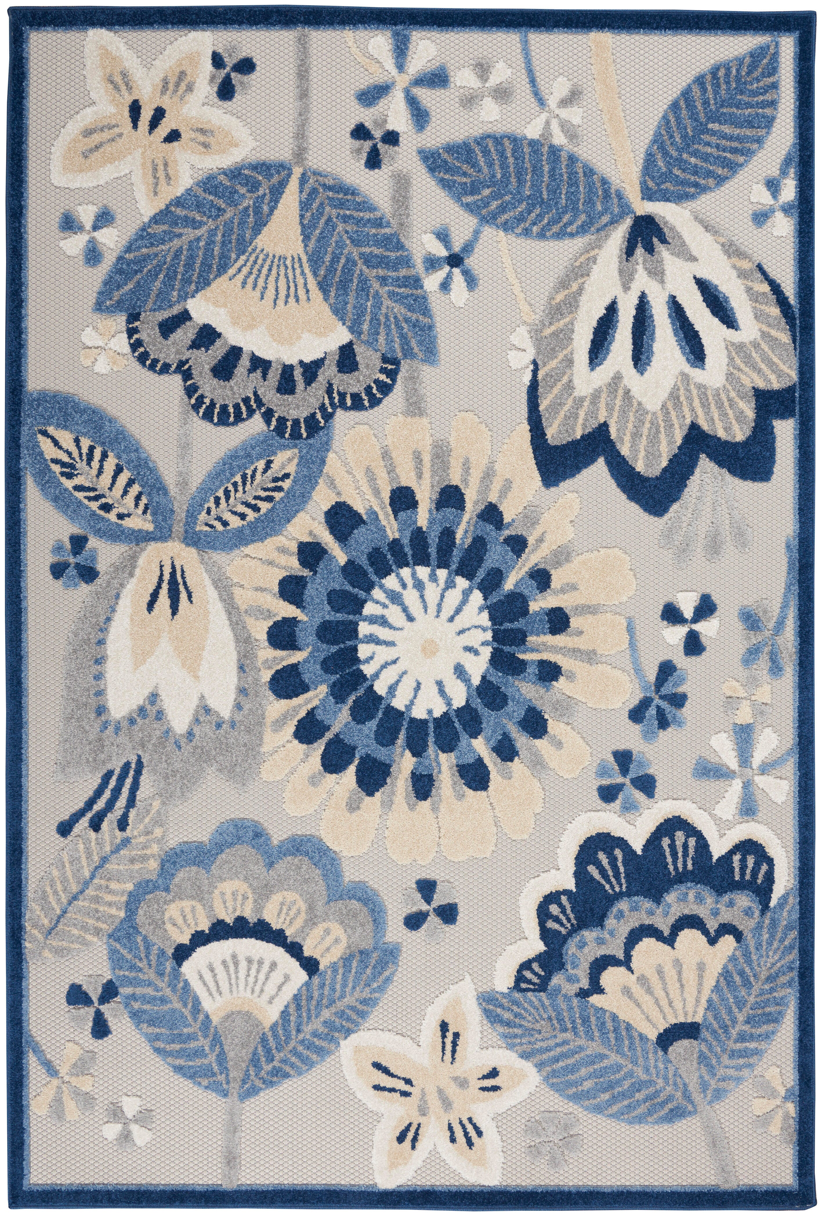 Nourison Home Nourison Aloha 3'6" x 5'6" Blue/Grey Contemporary Indoor/Outdoor Rug, Blue/Gray, large