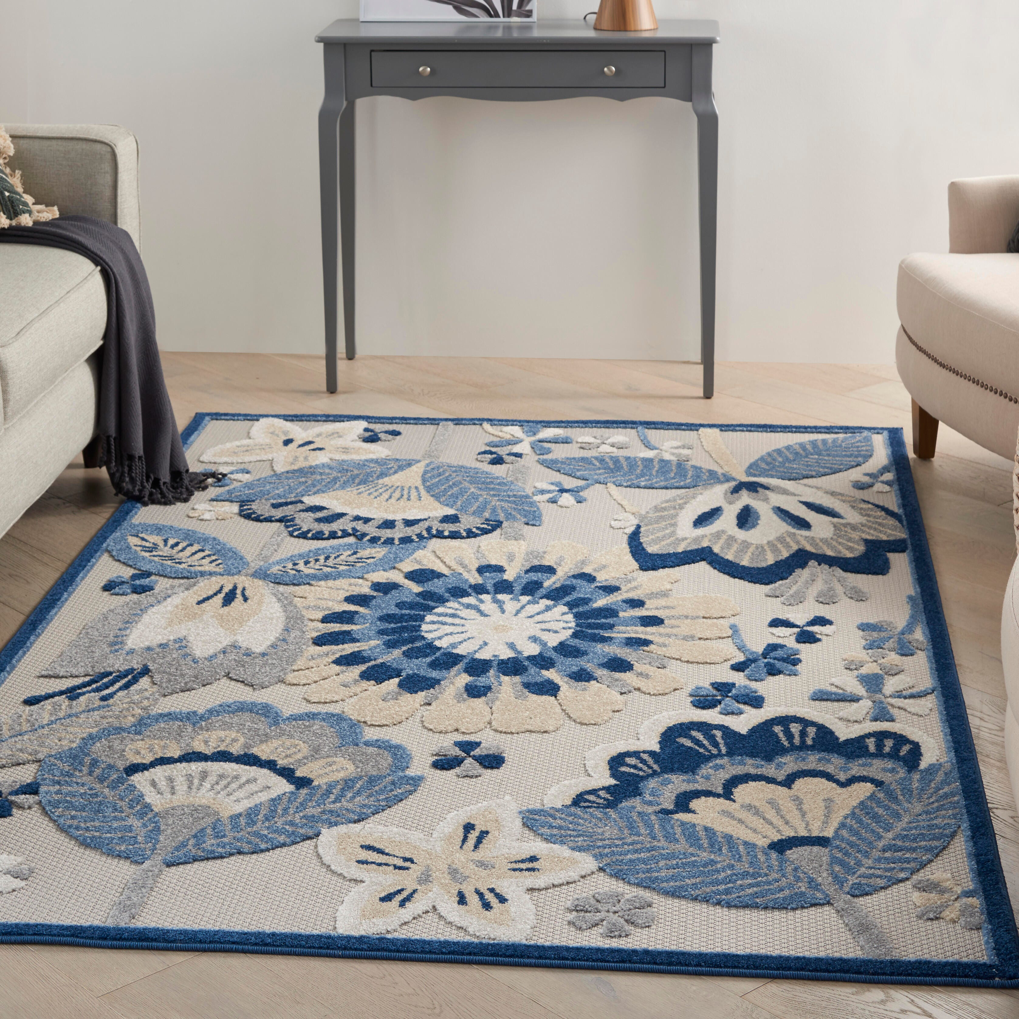 Nourison Aloha 5'3" x 7'5" Blue/Grey Contemporary Indoor/Outdoor Rug
