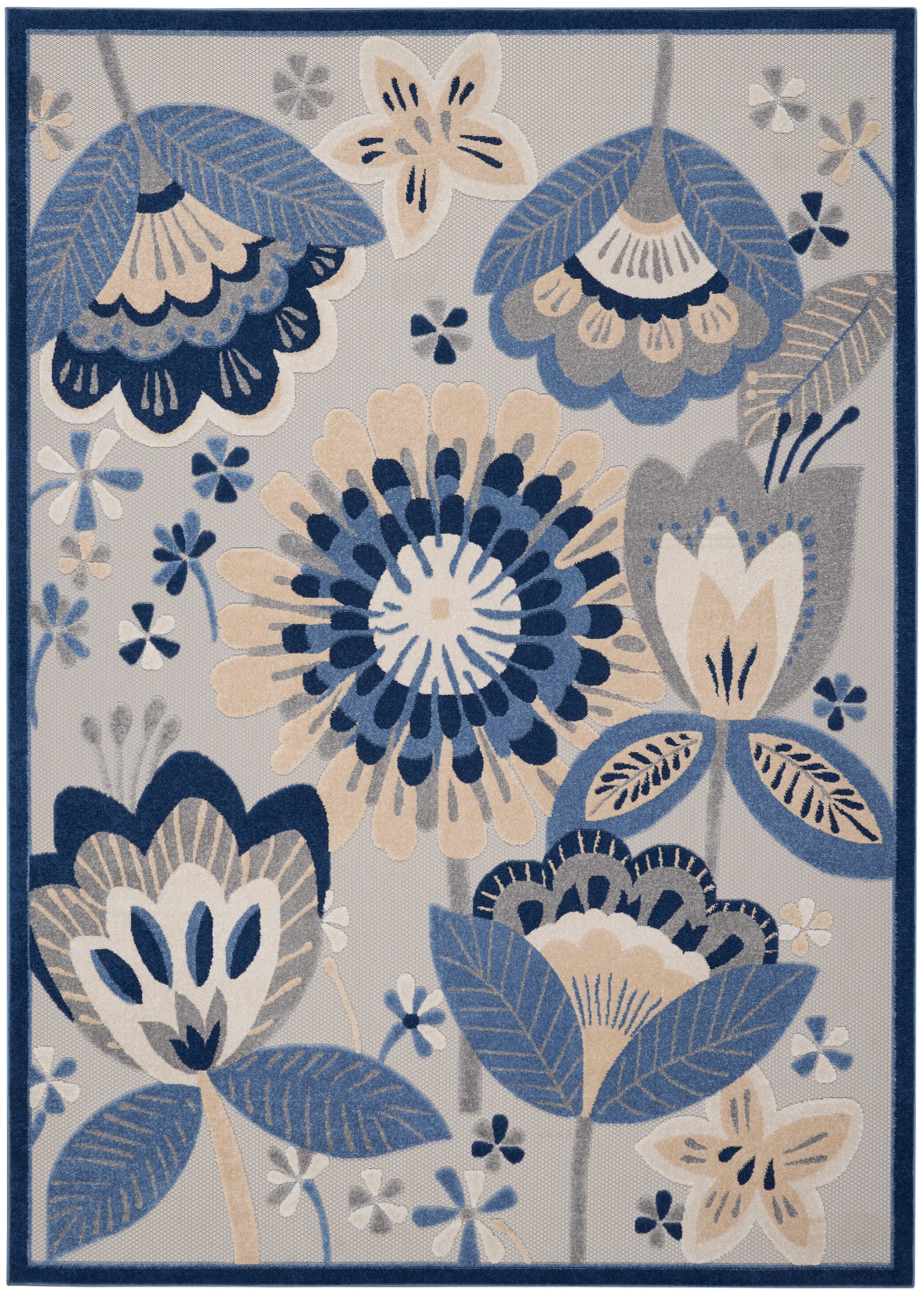 Nourison Home Nourison Aloha 7'10" x 10'6" Blue/Grey Contemporary Indoor/Outdoor Rug, Blue/Gray, large