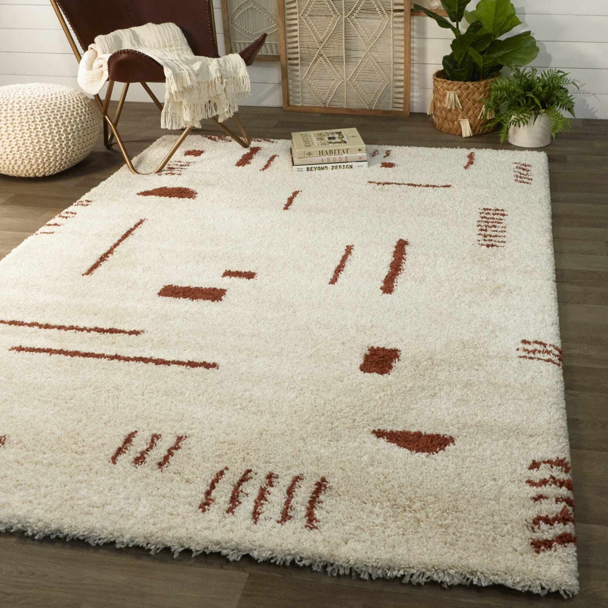 Balta Rupa Boho Moroccan Shag 4' 4" x 6' Runner Rug, White/Rust, rollover