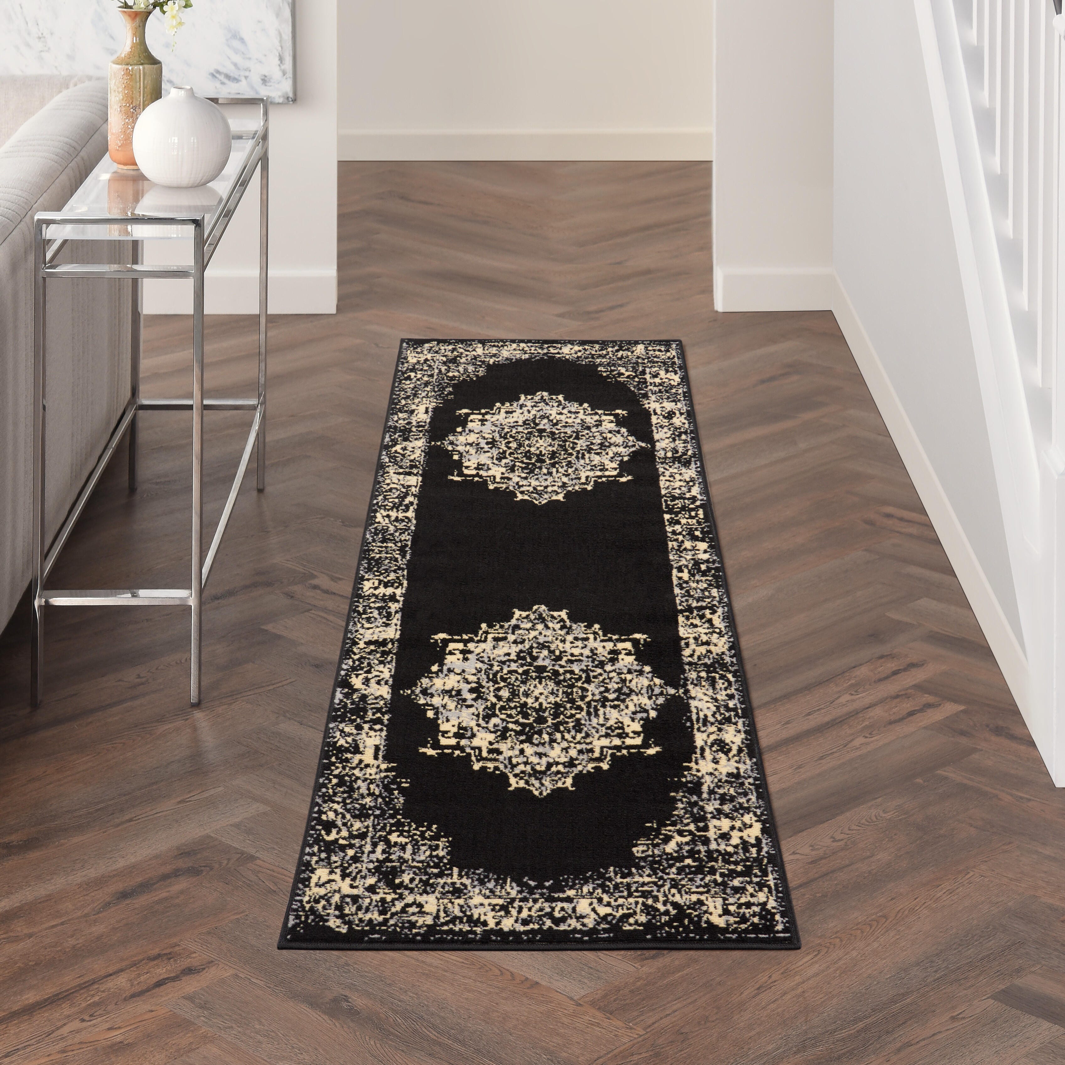 Nourison Home Nourison Grafix 2'3" x 7'6" Black Vintage Indoor Rug, Black, rollover