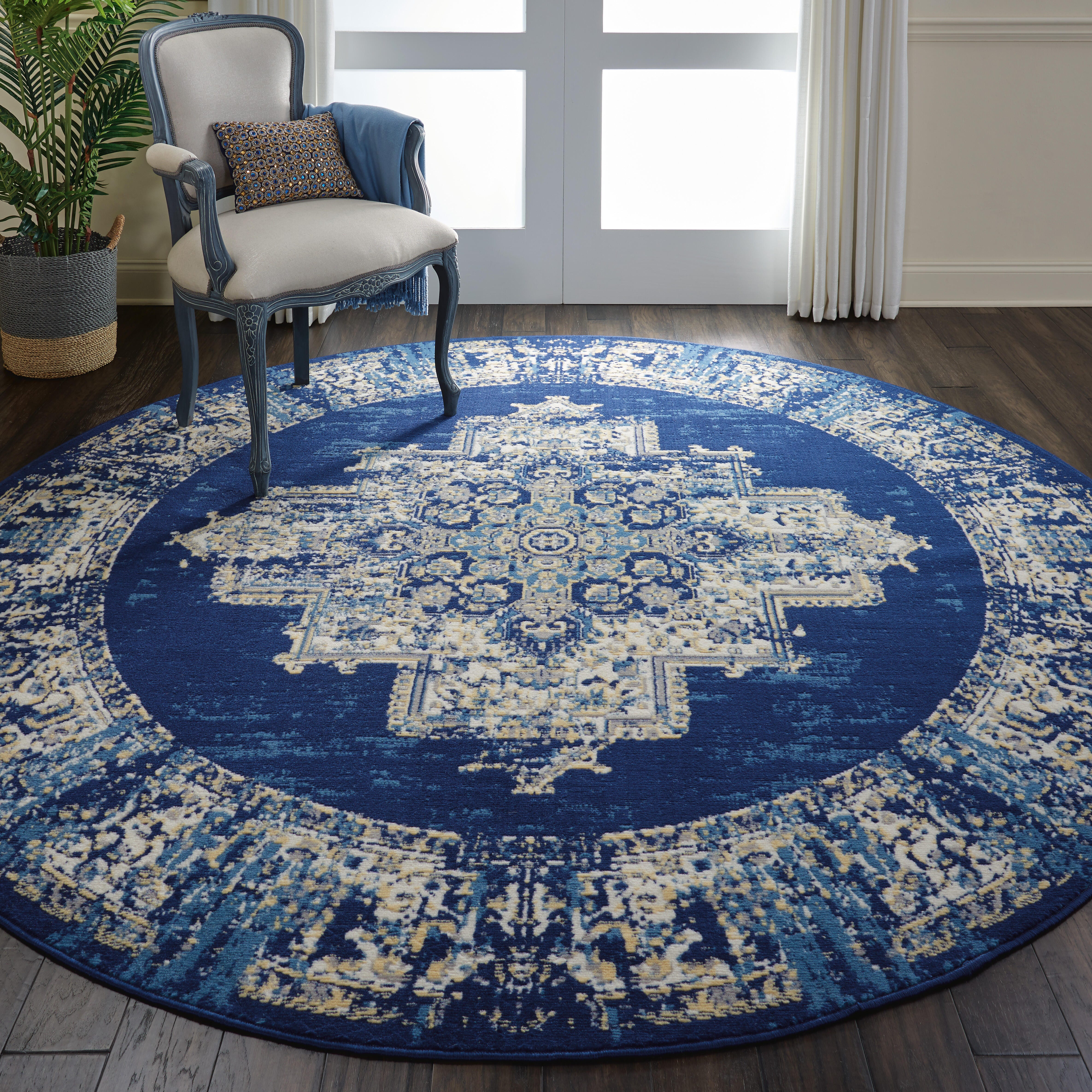 Nourison Home Nourison Grafix 8' x ROUND Navy Blue Vintage Indoor Rug, Navy Blue, rollover
