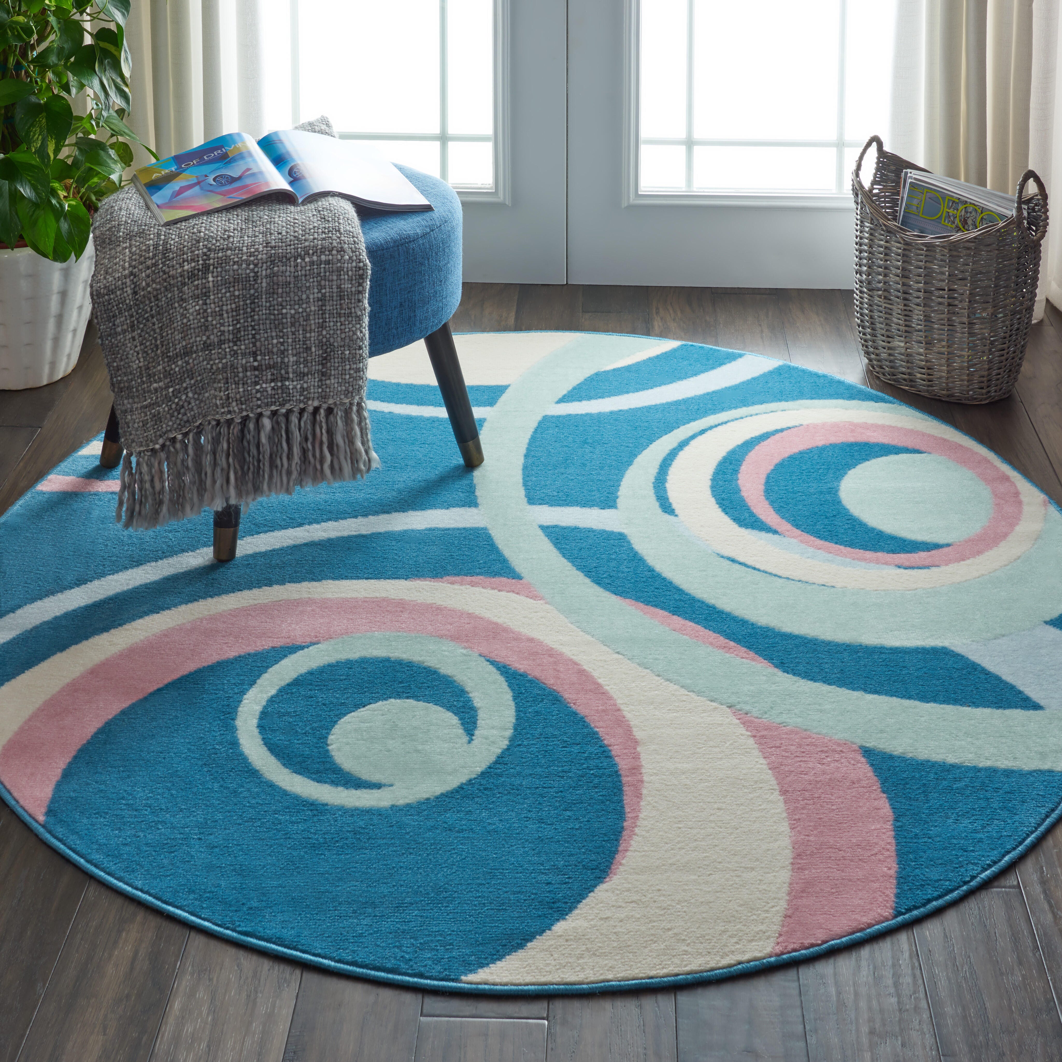 Nourison Home Nourison Grafix 5'3" x ROUND Blue Multi Colored Eclectic Indoor Rug, Blue/Multi, rollover