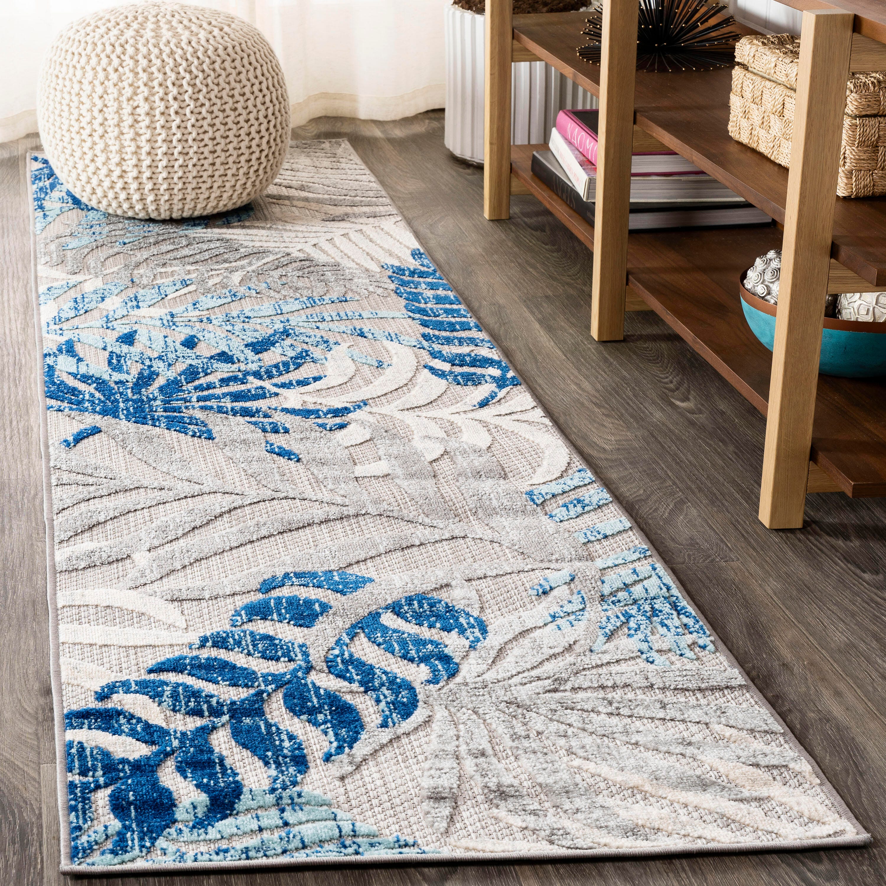 JONATHAN Y Tropics Palm Leaves Outdoor 2' x 8' Runner Rug, Gray/Blue, rollover