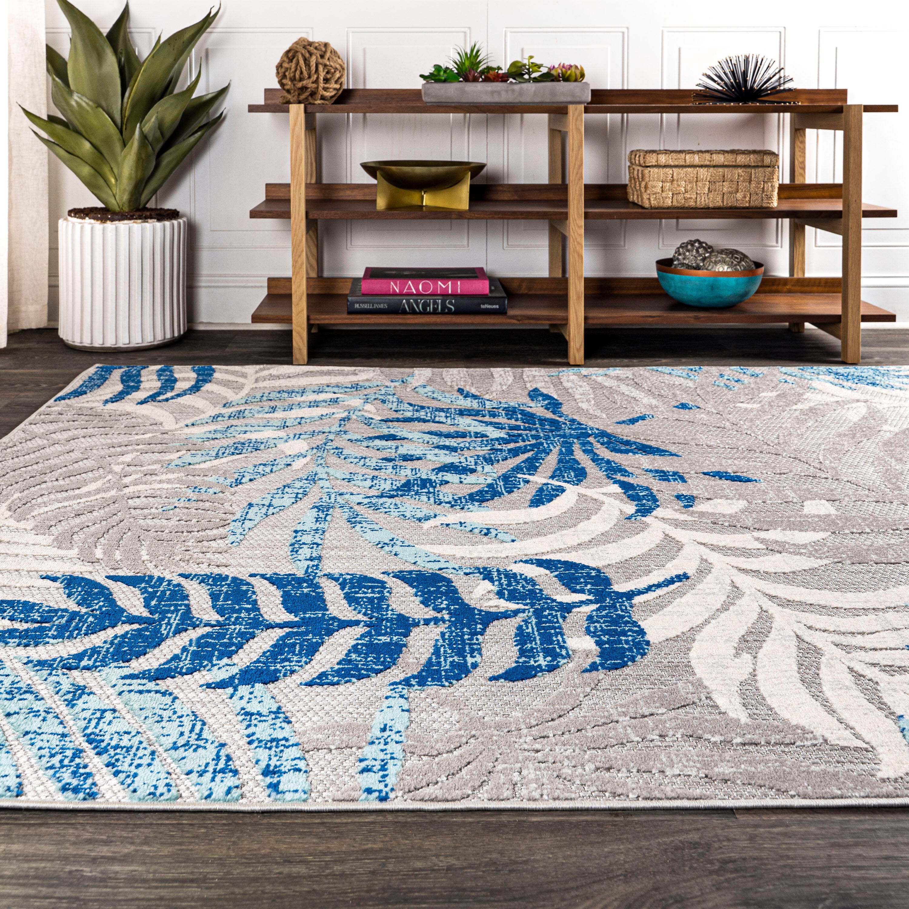JONATHAN Y Tropics Palm Leaves Outdoor 4' x 6' Area Rug, Gray/Blue, large