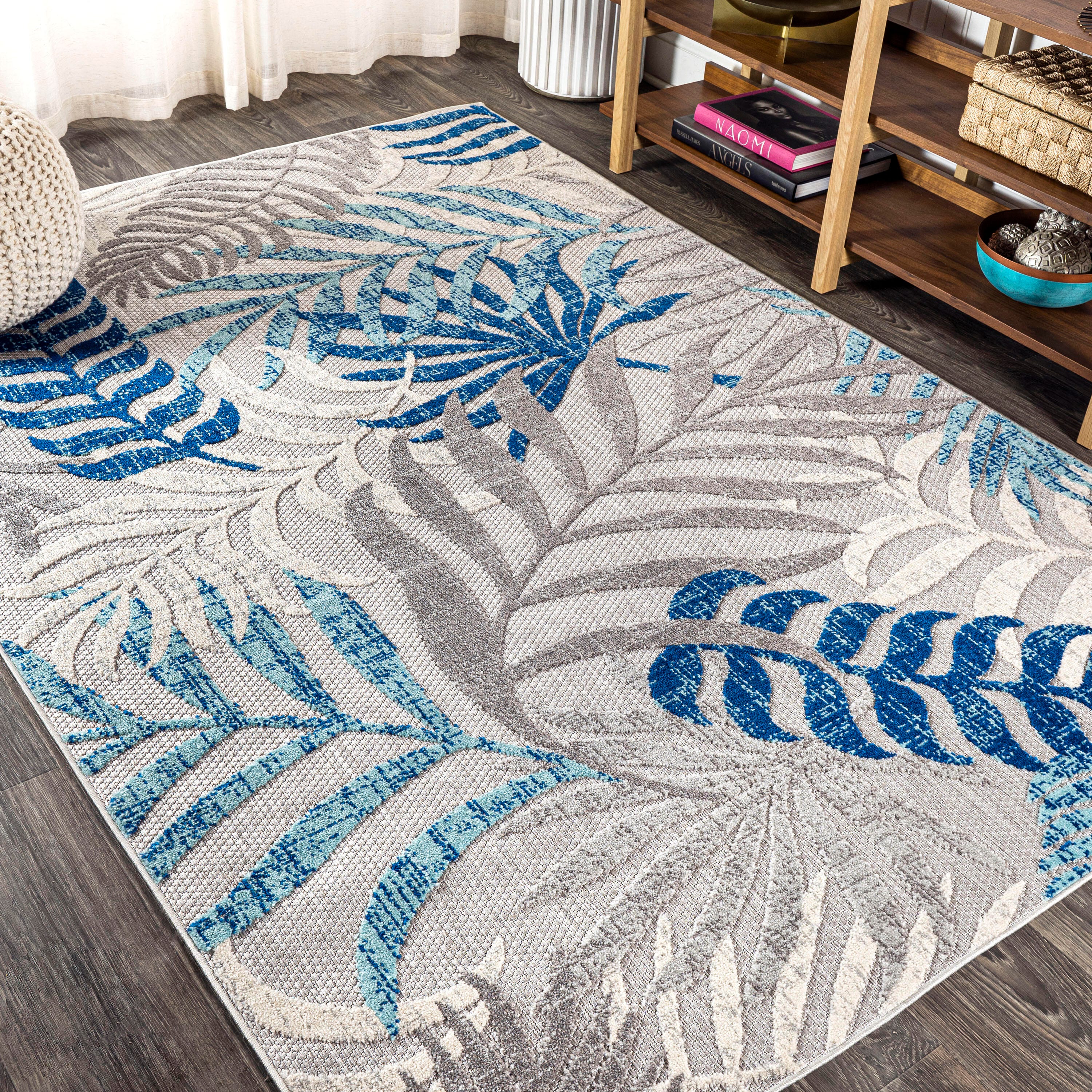 JONATHAN Y Tropics Palm Leaves Outdoor 5' x 8' Area Rug, Gray/Blue, large