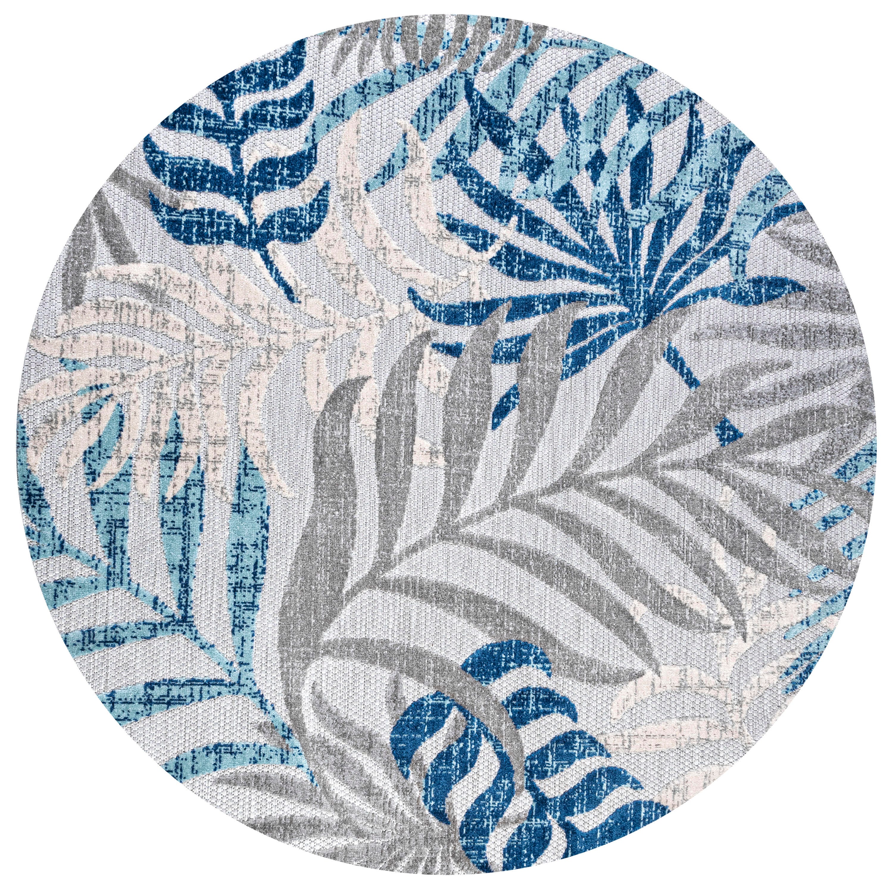 JONATHAN Y Tropics Palm Leaves Outdoor 6' Round Area Rug, Gray/Blue, large