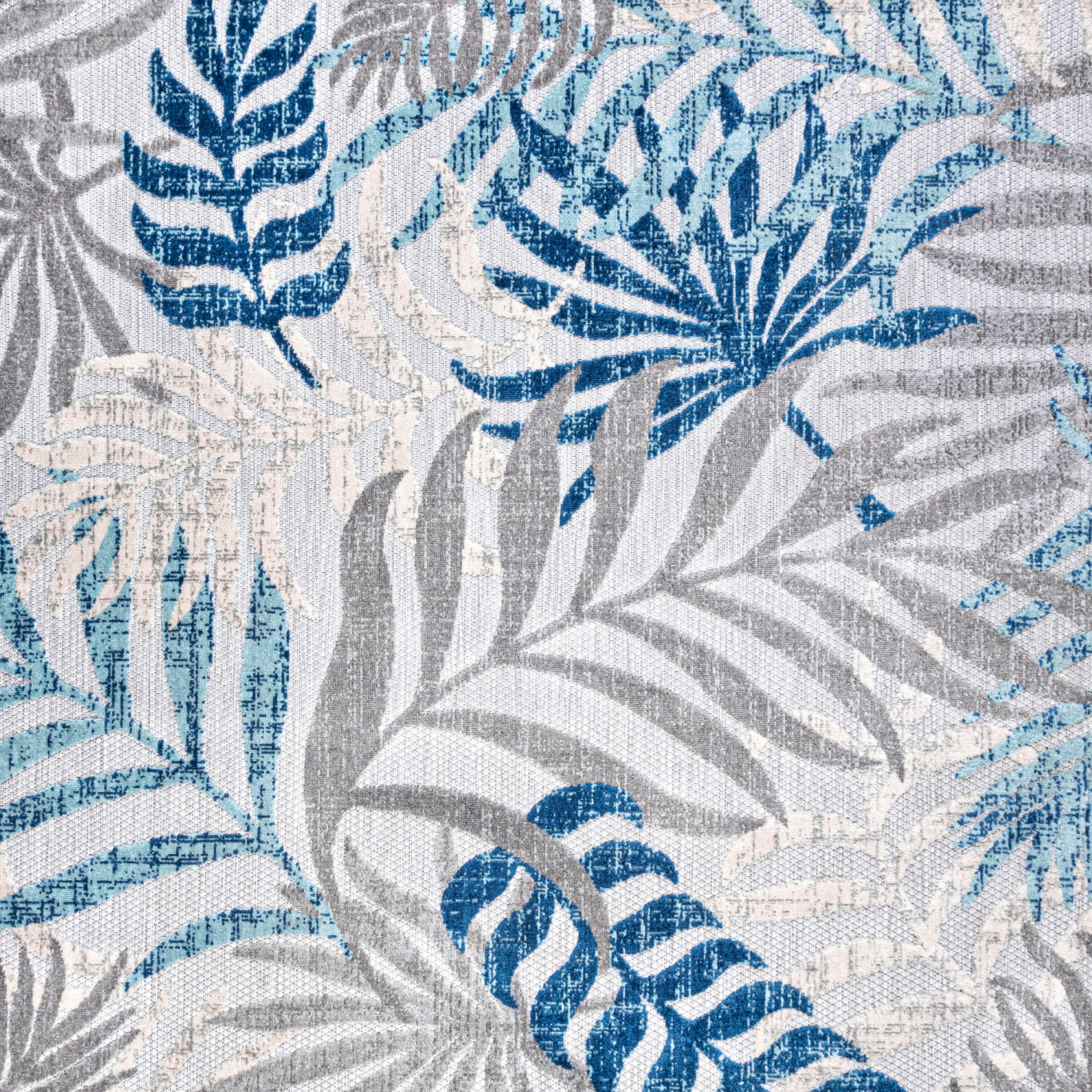 JONATHAN Y Tropics Palm Leaves Outdoor 6' Square Area Rug, Gray/Blue, large