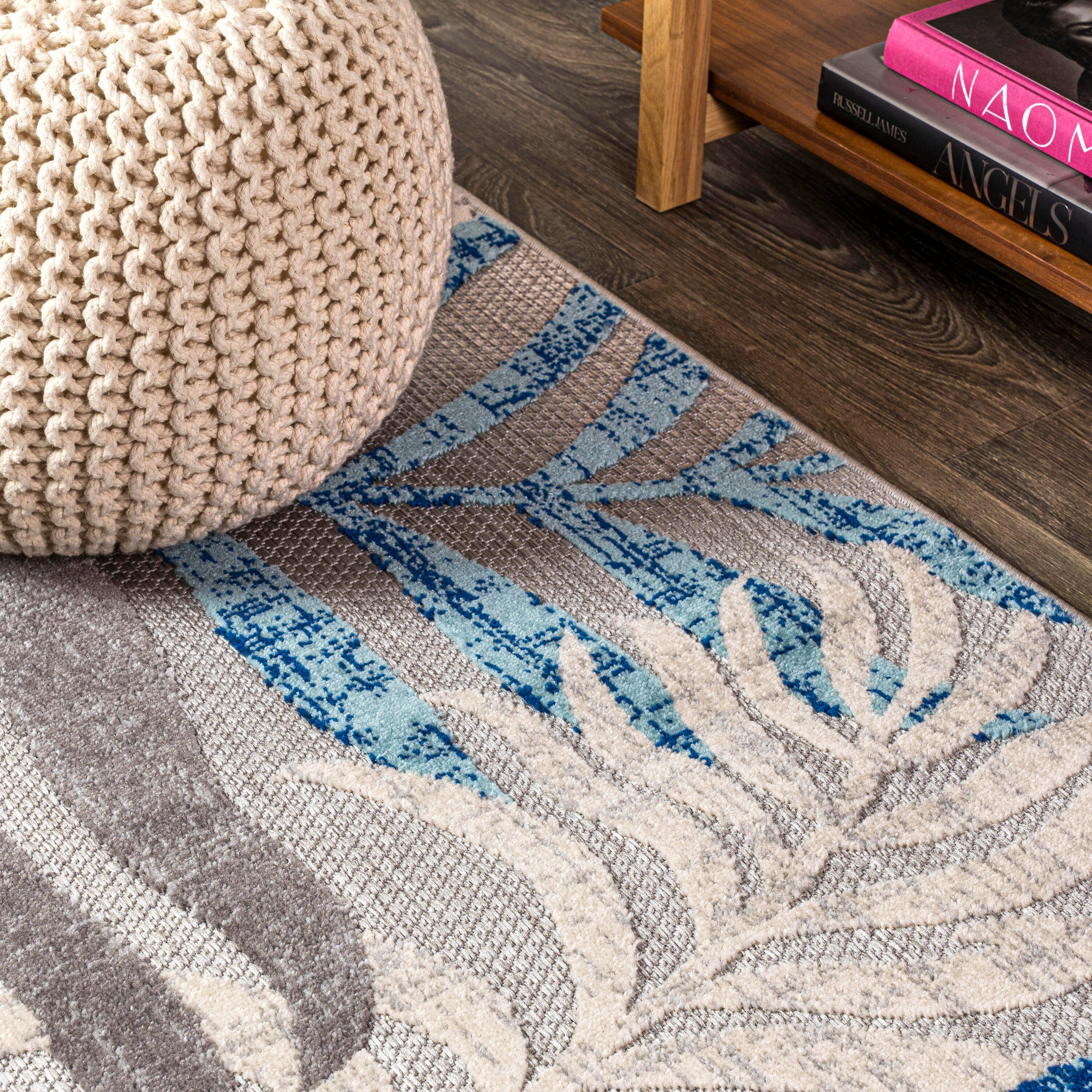 JONATHAN Y Tropics Palm Leaves Outdoor 6' Square Area Rug, Gray/Blue, large