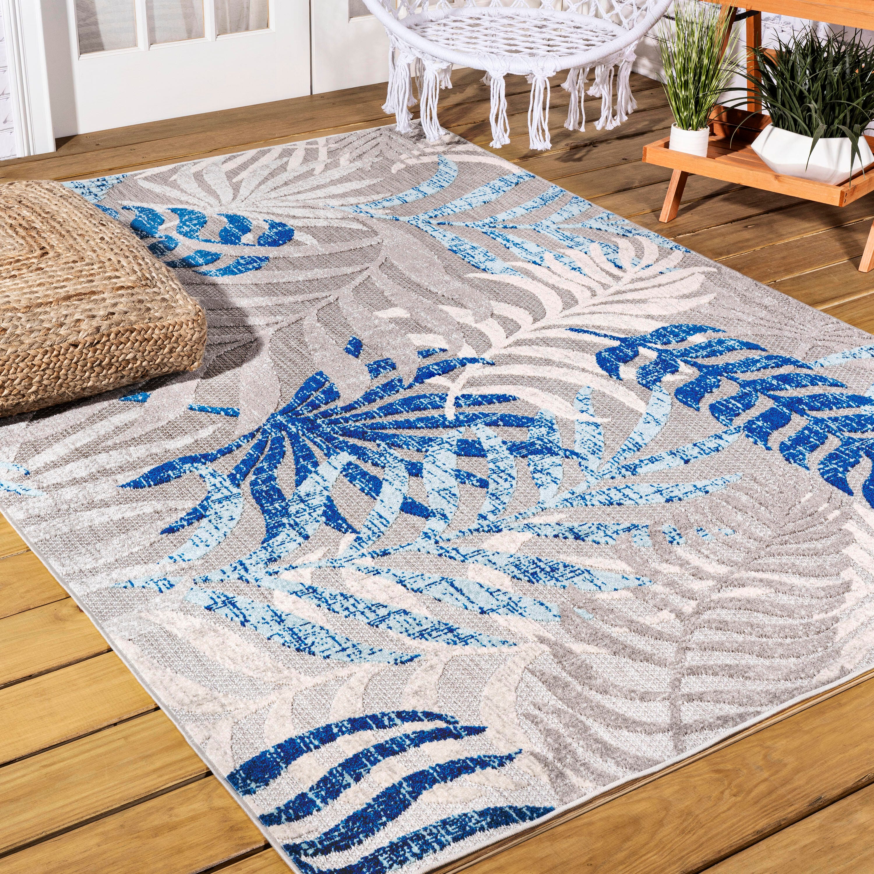 JONATHAN Y Tropics Palm Leaves Outdoor 8' x 10' Area Rug, Gray/Blue, large