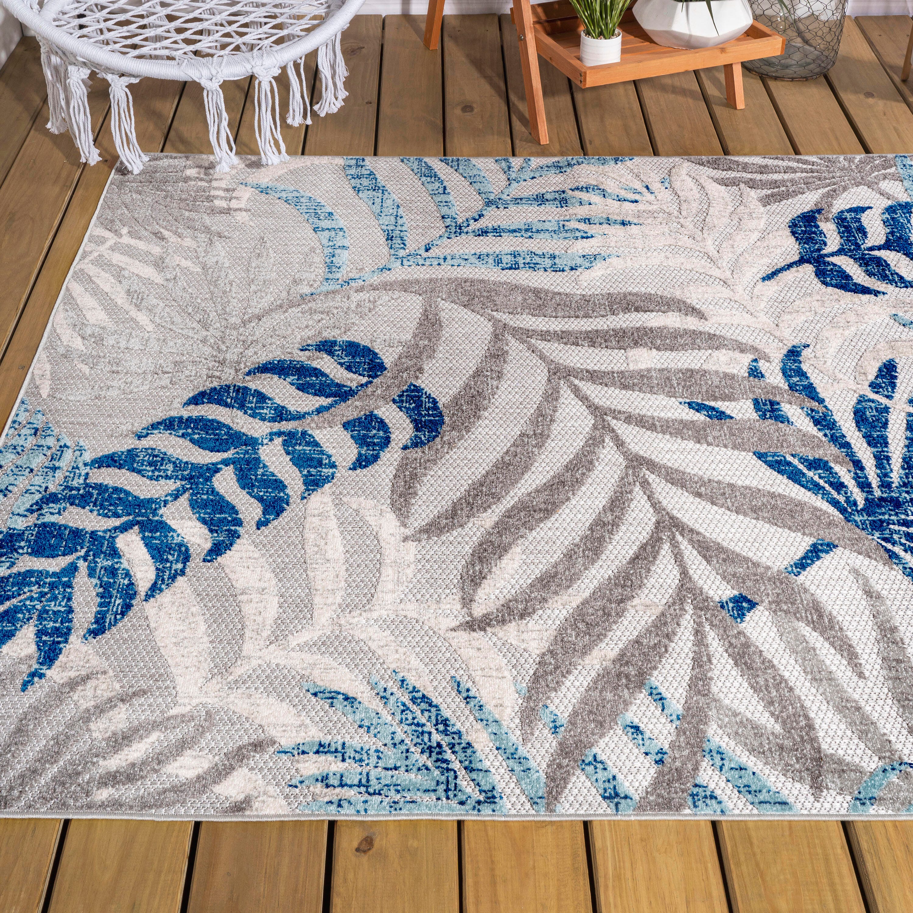 JONATHAN Y Tropics Palm Leaves Outdoor 9' x 12' Area Rug, Gray/Blue, large