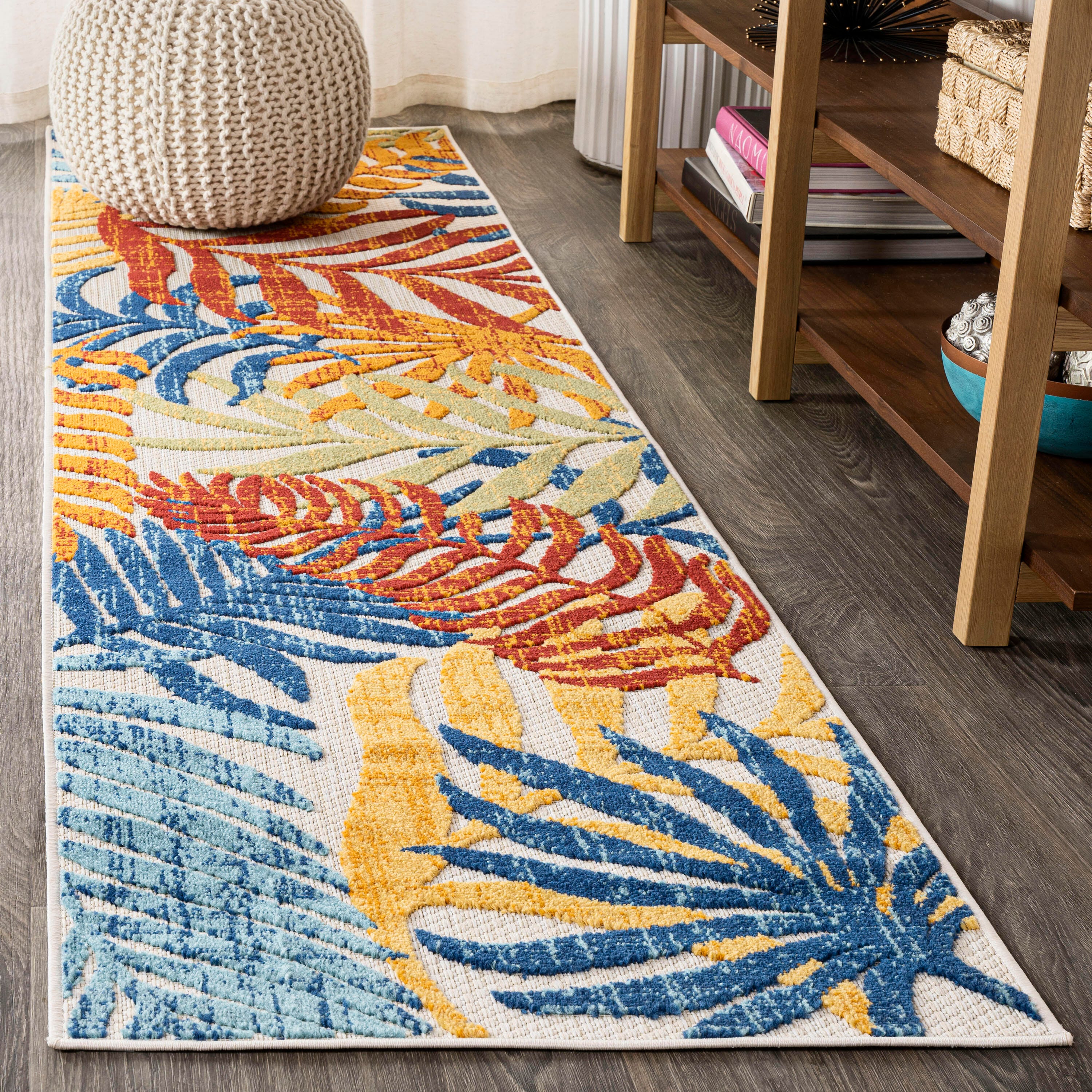 JONATHAN Y Tropics Palm Leaves Outdoor 2' x 8' Runner Rug, Cream/Orange, large
