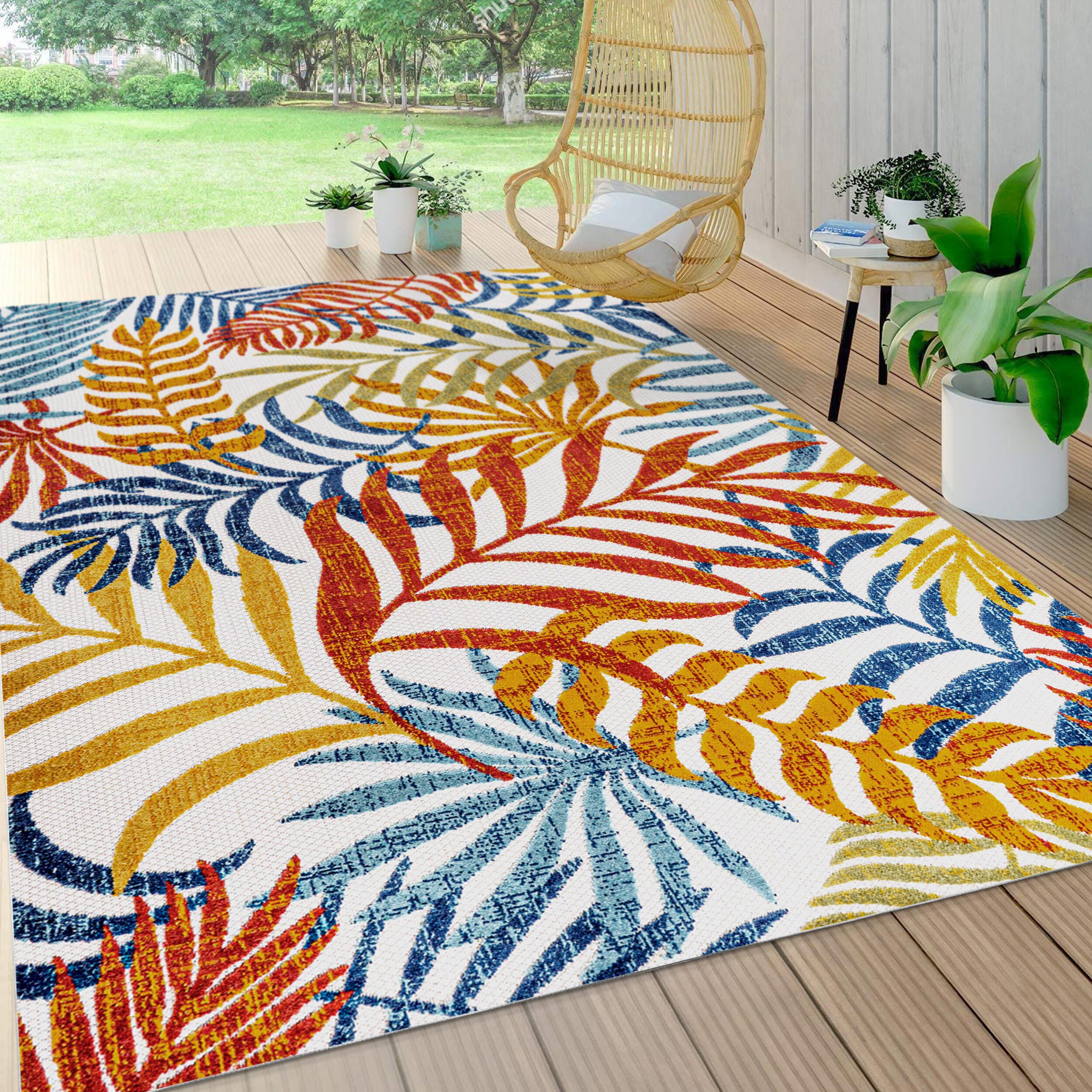JONATHAN Y Tropics Palm Leaves Outdoor 3' x 5' Area Rug, Cream/Orange, rollover