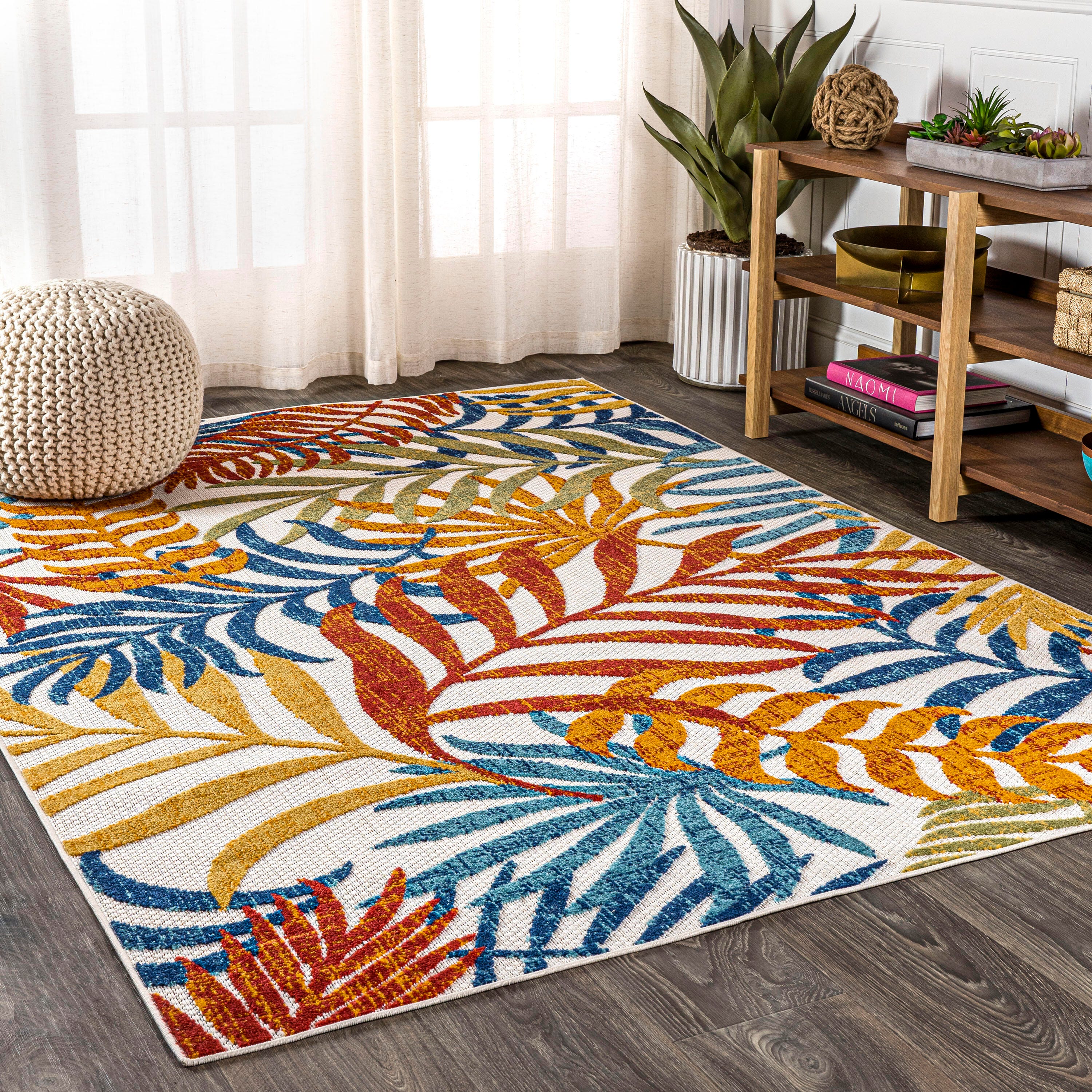 JONATHAN Y Tropics Palm Leaves Outdoor 5' x 8' Area Rug, Cream/Orange, large